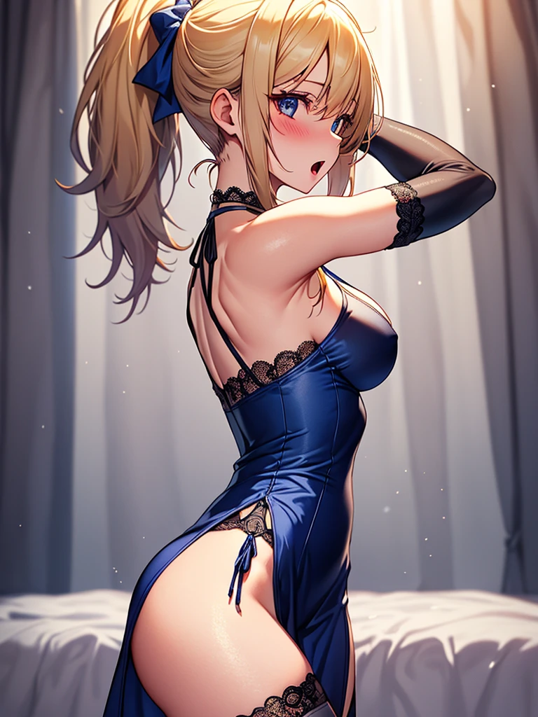 (highest quality, High resolution, perfect pixel, Depth of bounds written, 4K), hotel room, detailed eyes, (from side), (1 lady), (armpit focus), tall, (skinny body:1.2) , (thin thighs:1.2), large breasts, (side boob), blond hair, (ponytail:1.2), (midnight blue one side slit dress:1.2), (sleeveless), cross halter, bare back, elbow gloves, (lace legwear:1.2), (standing), (arm behind head:1.2), (aroused), blush, open mouth, 