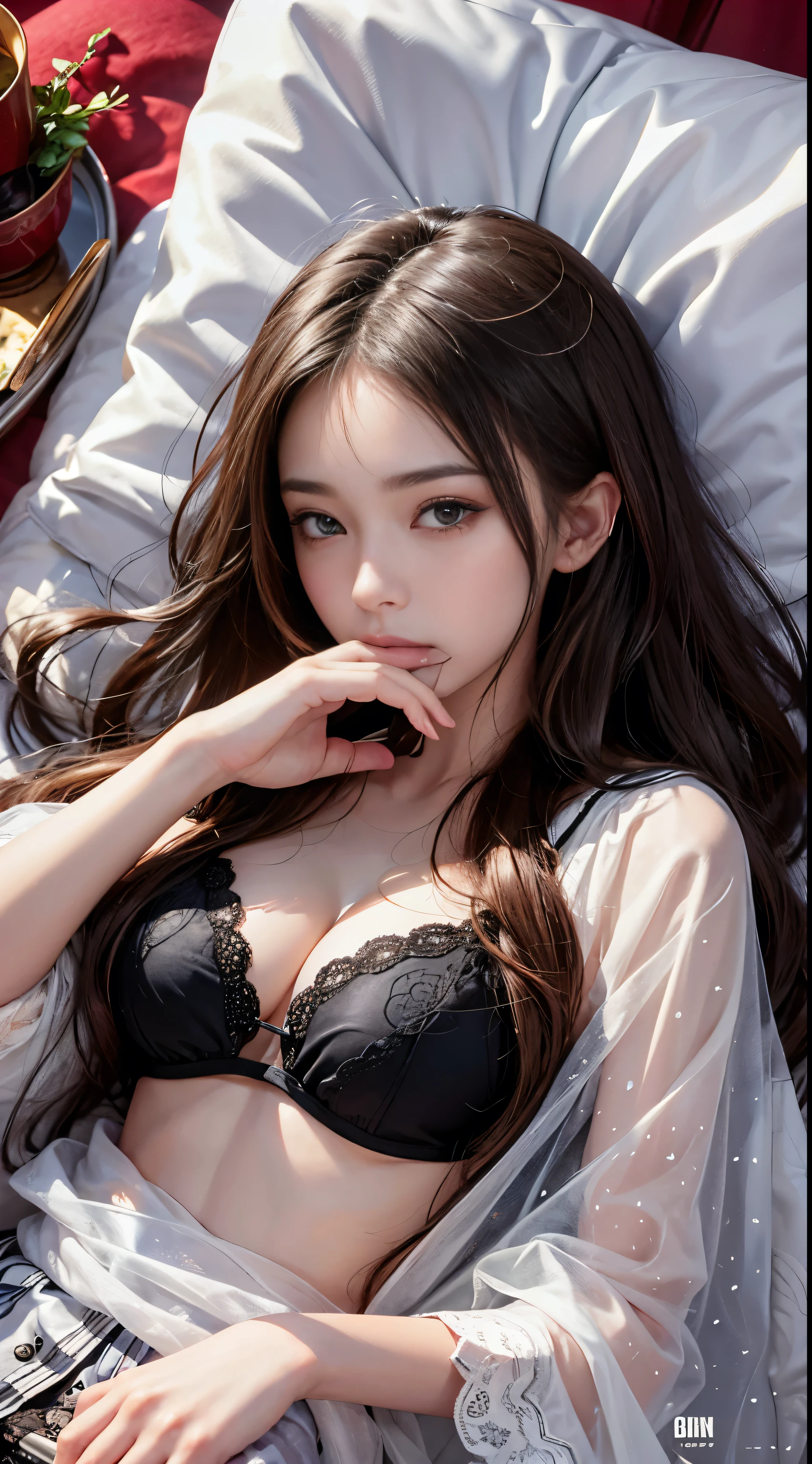 (One Girl:1.3), Cinematic Light, (Tabletop, highest quality, highest quality, beautifully、aesthetic:1.3), Very detailed,Best details,(Very detailed),, From above,(( Lying in bed)), alone, chest, Silky long hair, (Brown Hair), Roses were scattered in the flowerbed., ((suit)), ((shirt)), Open chest,Big chest,Accurate finger drawing,Anatomically correct hand