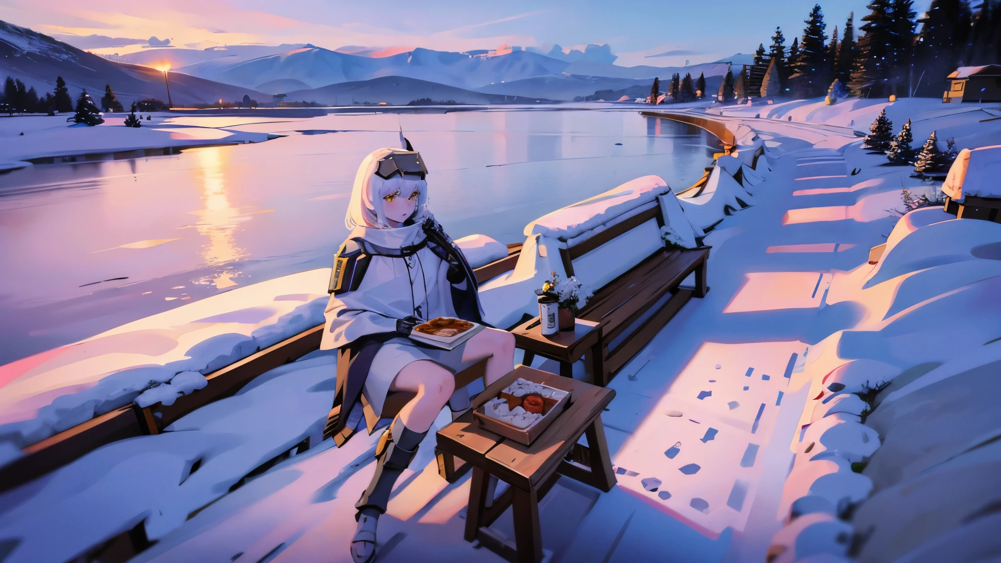 yellow eyes, white hair, long hair, headgear, mechanical boots, cloak, bare legs, single pauldron,sitting, bonfire, eating potatoes, eating, baked potatoes, sweet potatoes, rifle on the floor, snowy mountain, broken cell phone, covered in blood, blood on clothes,1 person,peaceful, alone, night background, snow forest, trees,Wallpapers,