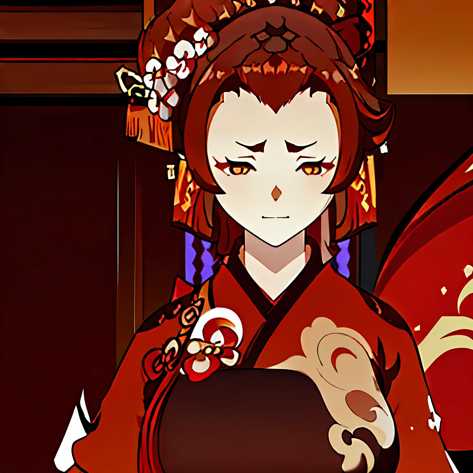 ((Genshin impact style)), (style of genshin impact), ((style of genshin impact:1.3)), 1girl, (white horns sticking from forehead), (huge breast), ((dark red kimono)), (very long and beautiful kimono, half-closed eyes, red eyes, (((irritated expression))), (((dark brown hair))), (wavy hair), long hair, solo, (looking at viewer)