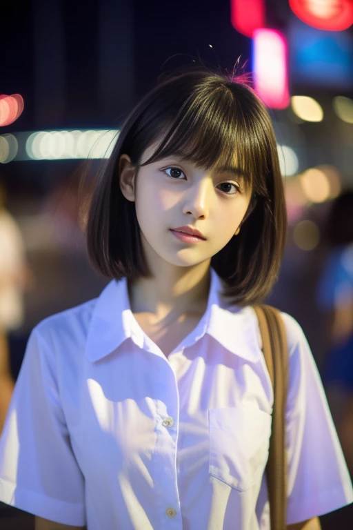 Very detailed　super high quality　super high quality　Surreal　photograph　Japanese women　Fair skin　16 years old　((Half-open lips:1.3))　Beautiful and soft skin　((Beautifully styled straight short hair))  Beautiful and perfect body　(very cute:1.3)　Beautiful young man with clear skin々New Skins　16 years old　(High school girl in shirt) 　Everyday City　Busy city　　((night))　audience&#39;perspective　　Front view　　 (Browsing Caution:1.2))  　(Amazingly cute girl:1.3)　　(Portraiture)　The gaze of the men、Mouth mask