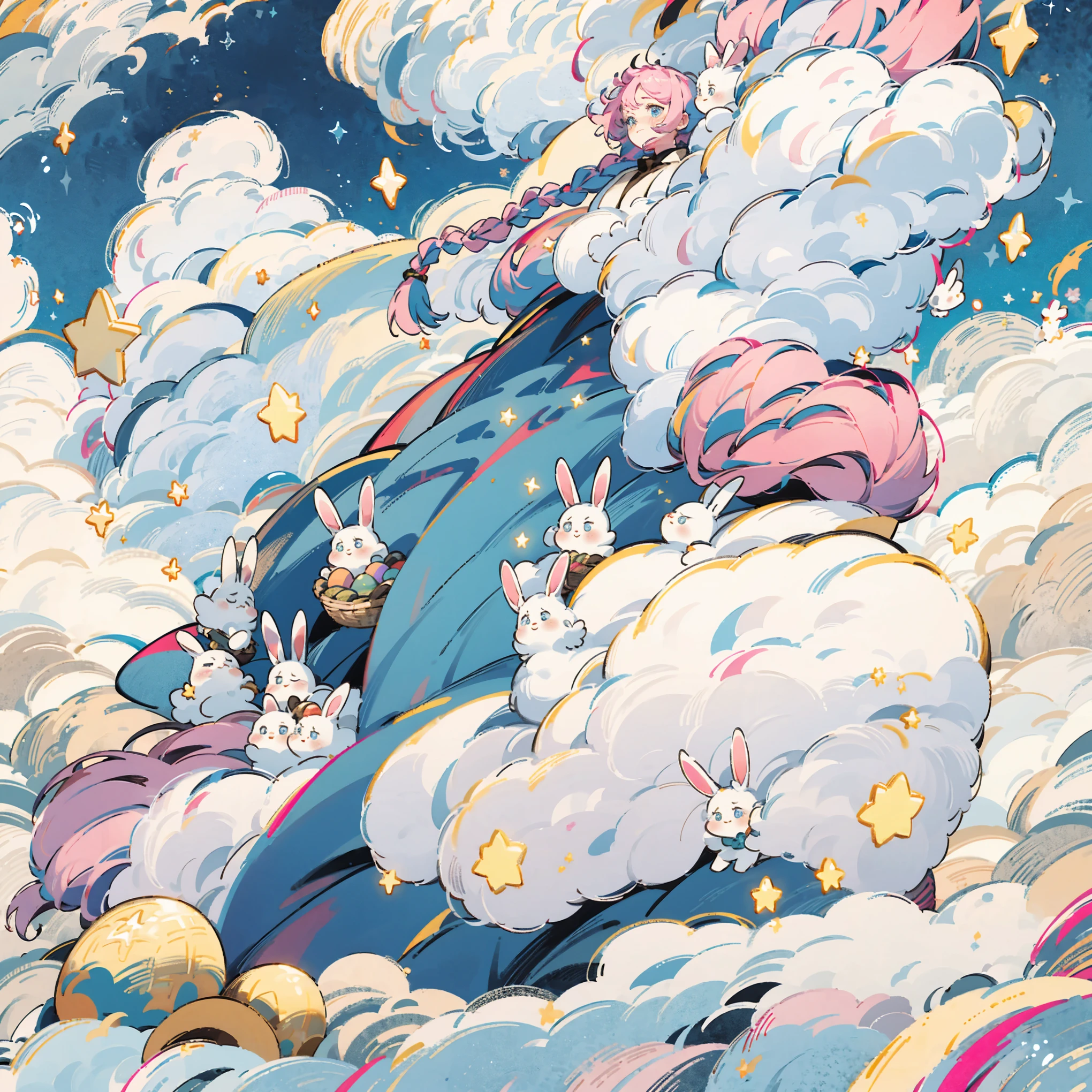 ((Best quality)), ((masterpiece)), (detailed), perfect face, one girl, full height, Pink hair, Blue eyes, bouffant hairstyle, two braids, big hips, Hare's ears, without human ears, Easter, holding a basket of eggs, fluffy pink dress, long skirt, cute, rabbits in the background, Stars in the background, Bright sky, clouds in the background, looks straight, looks into the frame