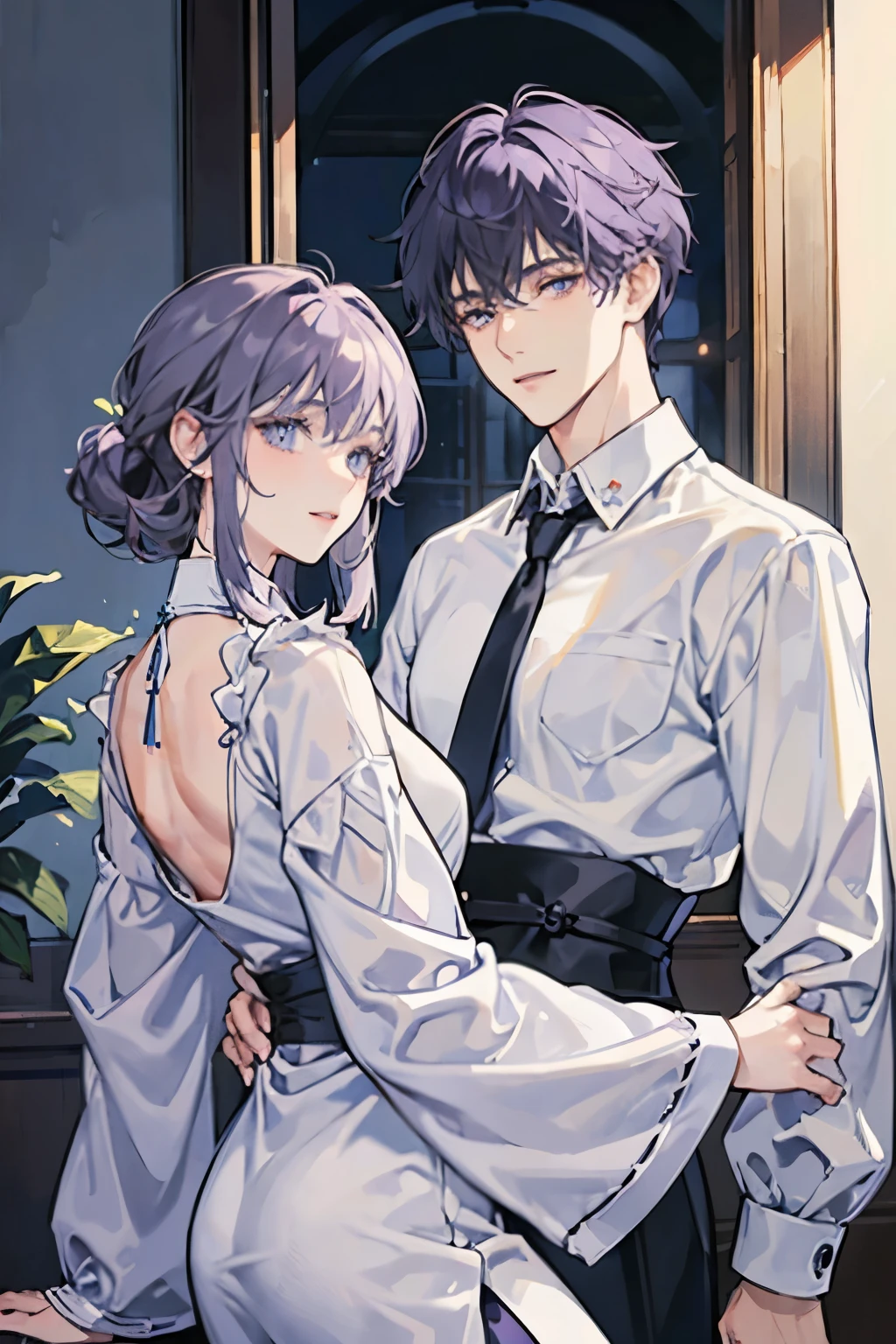 White Background、((Purple haired man))、Droopy eyes、Blue eyes on the face、Man in white shirt、Short-haired man、a handsome guy、chest、Center parted man、Black slacks、smile、16 year old male、Adult female、Woman in a black dress、Long Hair Girl、 Man hugging woman、Men and women hugging each other、Brown-haired girl、Beautiful Boy、Girl with bangs、Detailed face、Clear Face、Man leaning on back