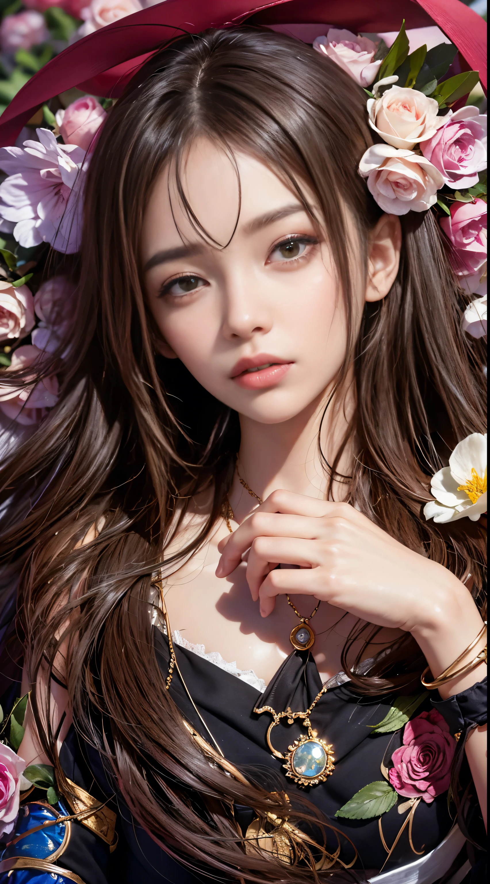 (One Girl:1.3), Cinematic Light, (Tabletop, highest quality, highest quality, beautifully、aesthetic:1.3), Very detailed,Best details,(Very detailed),, From above,(( Lying in bed)), alone, chest, Silky long hair, (Brown Hair), Roses were scattered in the flowerbed., ((suit)), ((shirt)), Open chest,Big chest,Accurate finger drawing,Anatomically correct hand