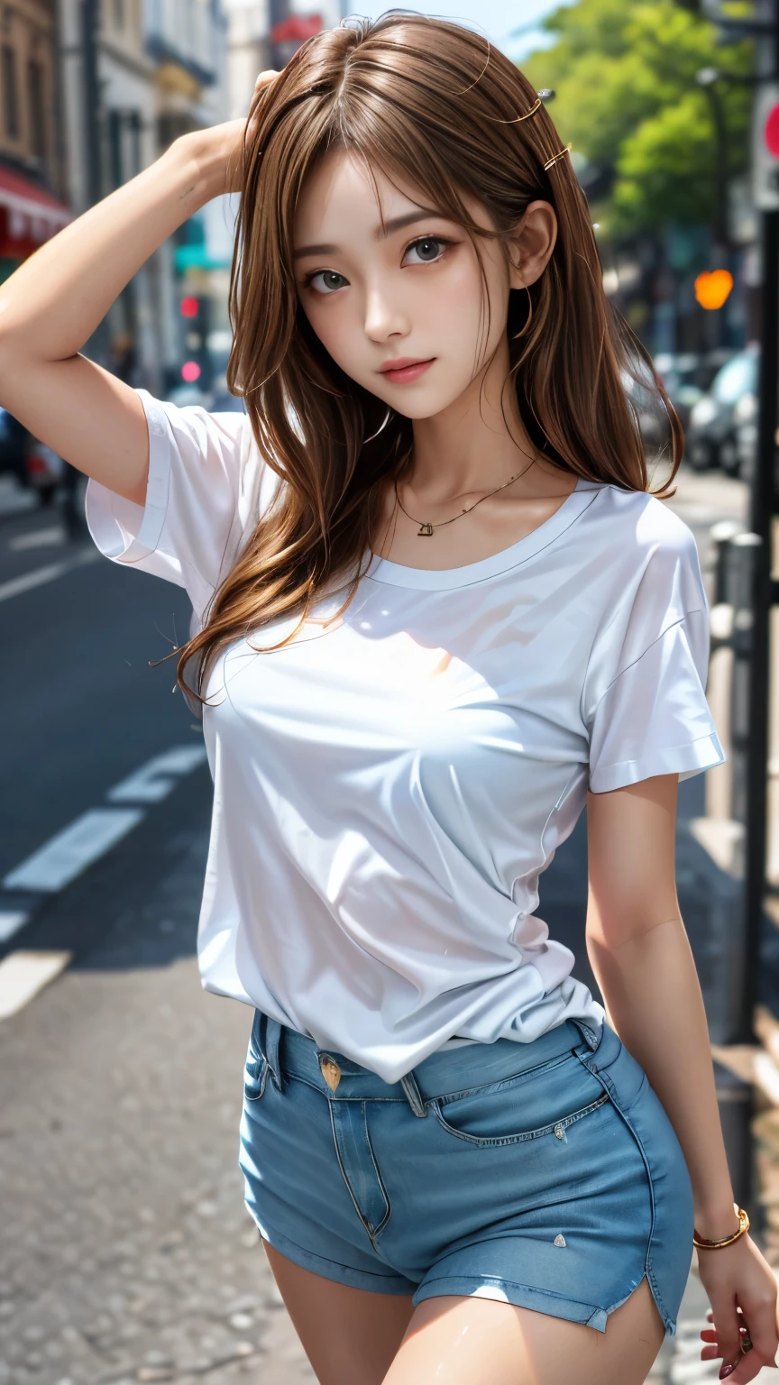 (One girl),Marron Marron,Fresh skin,Sweaty skin,Wave Blonde,Nylon T-shirt,Punk Girl,Brunette color hair,Cleanliness