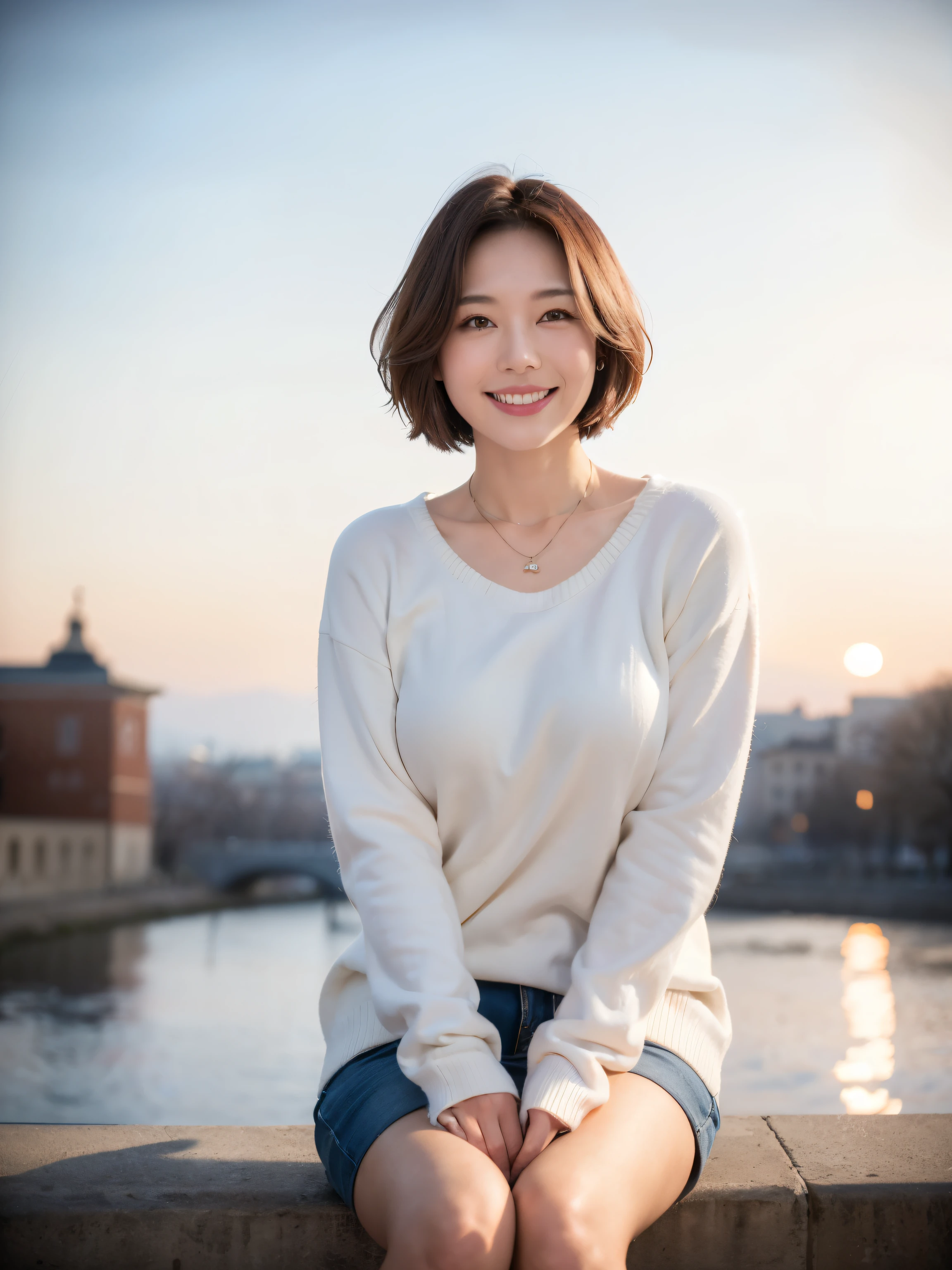 (highest quality, 8k, 32k, masterpiece, Ultra-high resolution:1.2),Beautiful Japanese Women Photos, Large , Very short bob hair,whole body,White sweater, necklace, Simple Background, View your audience,smile、(Vatican:1.2)、(Church Square:1.5)、(Sun.4)