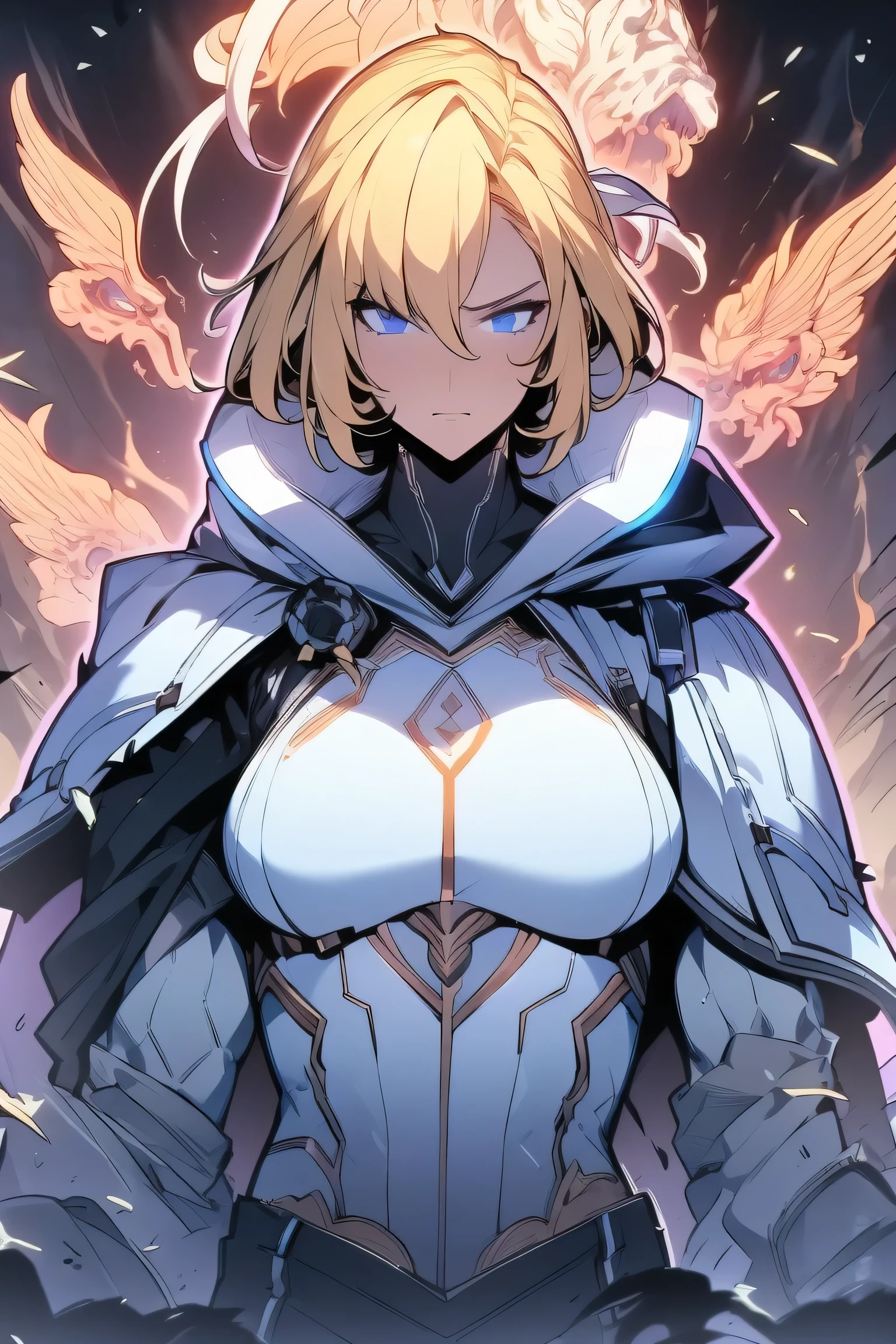 Midly Muscular woman, upperbody, blonde hair like fire, blue eyes, hood,  white oversized jacket with a hood, black pant, black gloves, intricate pencil sketch, expressive eyes and nose and mouth, un-zoom, highly detailed, flexing