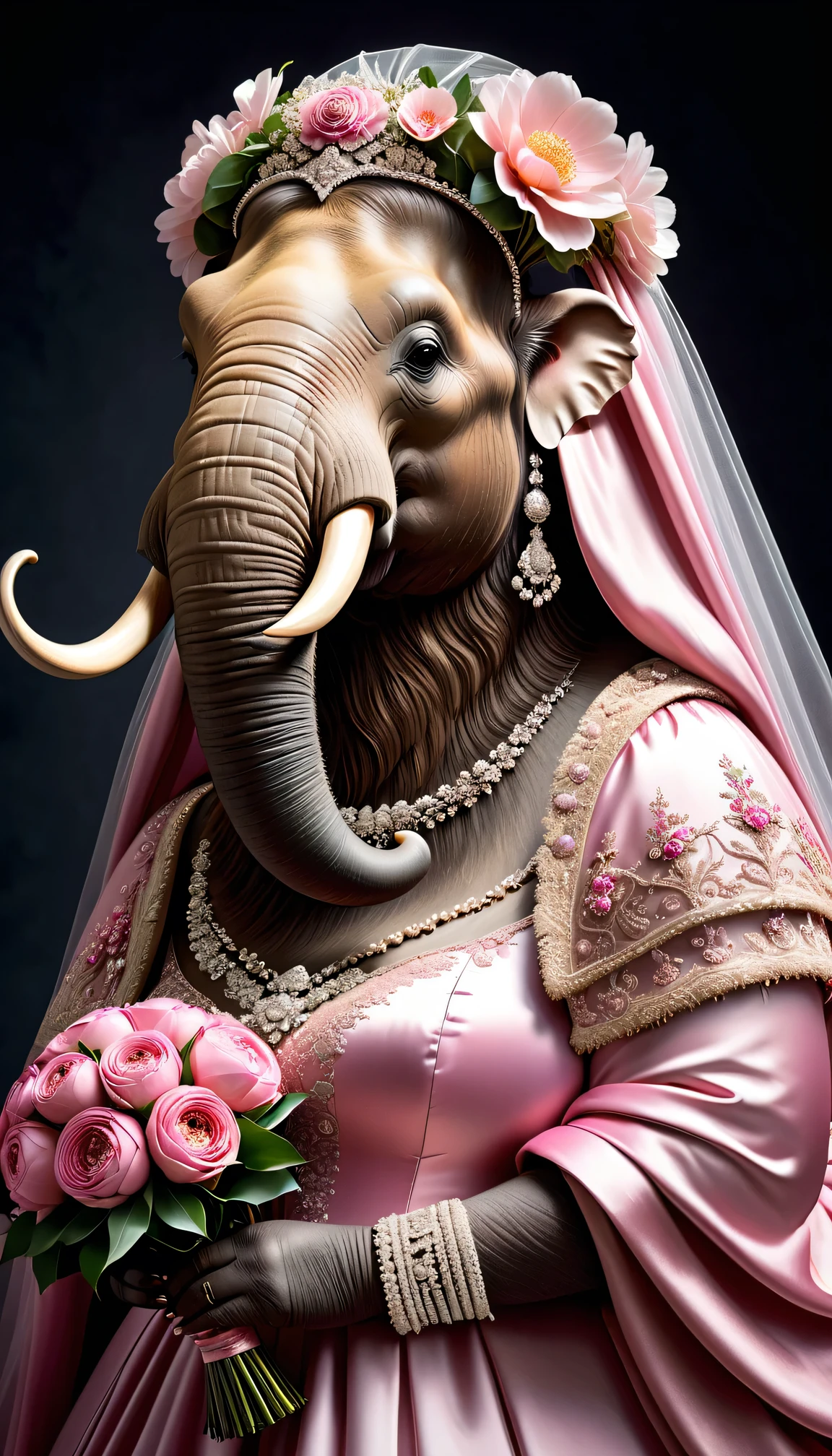 photorealistic portrait of Dressed animals - a ((fat)) mammoth bride,(elegant pose),(closed mouth),(furry), high quality,(lovely) ,intricate details, highly detailed (gothic pink wedding dress)),wearing opera globes ,wearing highly detailed veil, highly detailed decorations ,holding flower bouquet, (happy), studio lighting,()