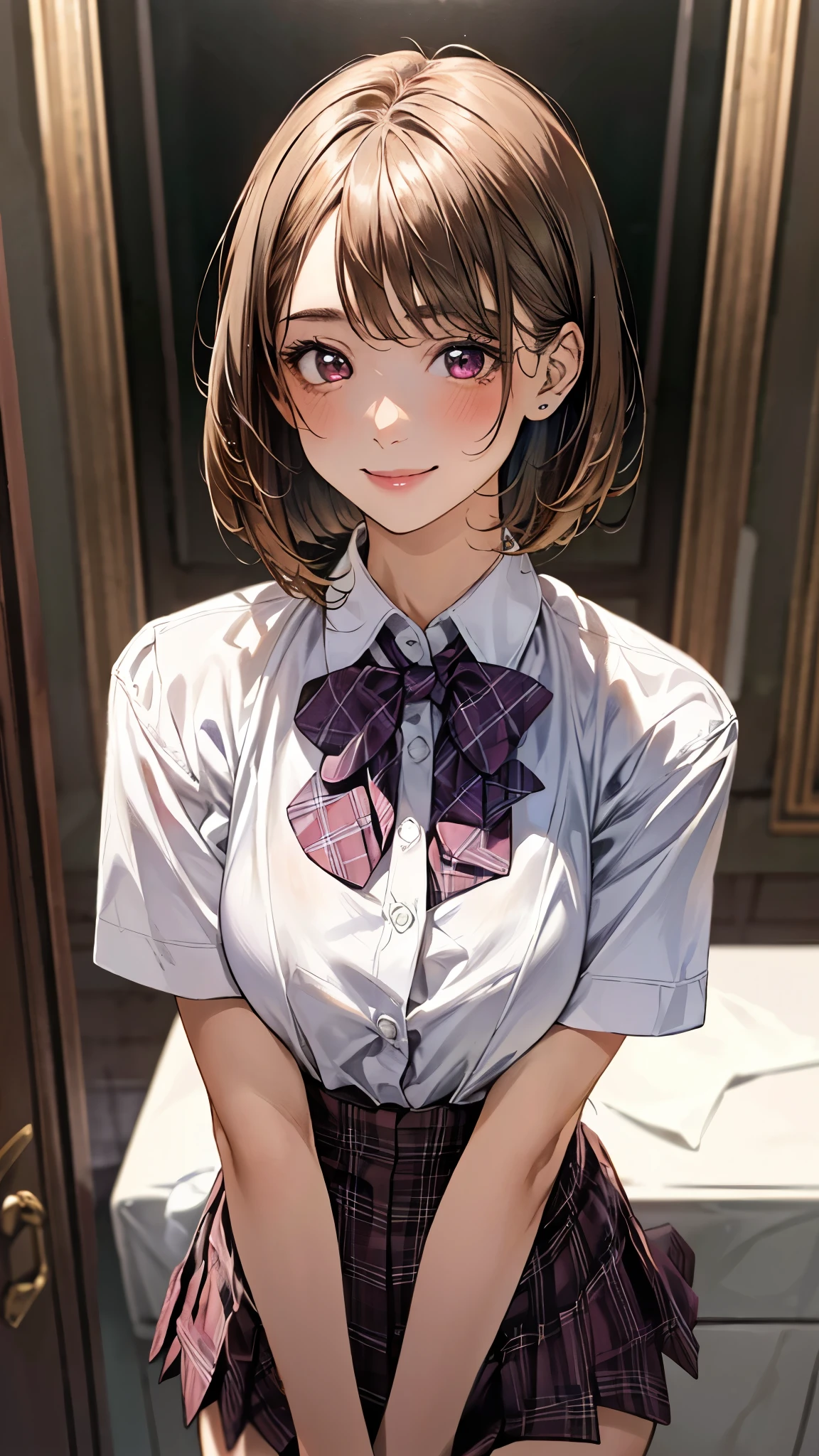 (masterpiece:1.3, top-quality, ultra high res, ultra detailed), (realistic, photorealistic:1.4), beautiful illustration, perfect lighting, natural lighting, colorful, depth of fields, surrealism,
beautiful detailed hair, beautiful detailed face, beautiful detailed eyes, beautiful clavicle, beautiful body, beautiful chest, beautiful thigh, beautiful legs, beautiful fingers, shiny skin, face,
looking at viewer, (face focus, upper body), 1 girl, japanese, high school girl, (perfect anatomy, anatomically correct, super detailed skin), cute and symmetrical face, perfect face, perfect eyes,
(middle hair, bob cut, straight hair, copper tone hair), swept bangs, brown eyes, drooping eyes, big eyes, long eyelashes, (large breasts:1.2, seductive thighs), slender, outstanding style,
((detailed cloth texture, white collared shirt, purple plaid pleated skirt, purple plaid bow tie)),
(beautiful scenery), evening, (kitchen room), standing, hands between legs, (lovely smile:1.2),