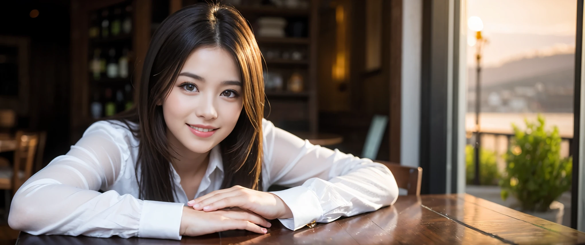 ((highest quality、8k、masterpiece:1.3))、Sharp focus:1.2、Beautiful woman perfect body:1.4、slimなボディ、((Bob Hale、Straight hair:1.2))、(to be born, highest quality, masterpiece:1.5), (Realistic, Intricate details:1.2), Ultra-high resolution, Amazing view of the sunset sky and clouds、Amazing mountain views、ニコニコ明るいsmile、smileの素敵な女性、Bright image、2. The beauty of wine, Beautiful Face, blue eyes, The light shines on your face, Blushing, short hair,Bright Face、Fox face、 (36 years old), 39 years old, Lady、red wine 、Appetizers、Italian food、Wine bottle、Champagne、sparkling wine、Two beauties、Brown Hair、Shortcuts、Long sleeve shirt、dress、Pretty Woman 1, (slimな顔), (The body is slim), (Brown Hair), (Shortcuts), cheeks turn a little red,Attractive beauty、, Out of the window, A beautiful and detailed night view unfolds.........., restaurant, In a prominent place (From the waist up) Nova Frog Style, actress, model, Upper Body, White wine, slim, wine glass, 真ん中に置かれたwine glass, smile, (smile: 1.15), Beautiful fine grain, Depth f/2,saturation, High Contrast, Strong light and shadow,Moist Body:1.5、3D texture、Delicate eyes、Brown Hair、The hair is very shiny、
