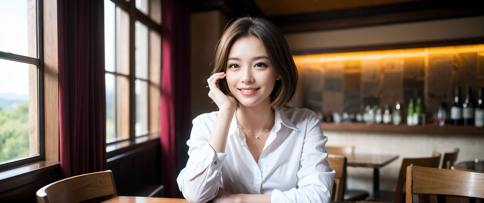 ((highest quality、8k、masterpiece:1.3))、Sharp focus:1.2、Beautiful woman perfect body:1.4、slimなボディ、((Bob Hale、Straight hair:1.2))、(to be born, highest quality, masterpiece:1.5), (Realistic, Intricate details:1.2), Ultra-high resolution, Amazing view of the sunset sky and clouds、Amazing mountain views、ニコニコ明るいsmile、smileの素敵な女性、Bright image、2. The beauty of wine, Beautiful Face, blue eyes, The light shines on your face, Blushing, short hair,Bright Face、Fox face、 (36 years old), 39 years old, Lady、red wine 、Appetizers、Italian food、Wine bottle、Champagne、sparkling wine、Two beauties、Brown Hair、Shortcuts、Long sleeve shirt、dress、Pretty Woman 1, (slimな顔), (The body is slim), (Brown Hair), (Shortcuts), cheeks turn a little red,Attractive beauty、, Out of the window, A beautiful and detailed night view unfolds.........., restaurant, In a prominent place (From the waist up) Nova Frog Style, actress, model, Upper Body, White wine, slim, wine glass, 真ん中に置かれたwine glass, smile, (smile: 1.15), Beautiful fine grain, Depth f/2,saturation, High Contrast, Strong light and shadow,Moist Body:1.5、3D texture、Delicate eyes、Brown Hair、The hair is very shiny、