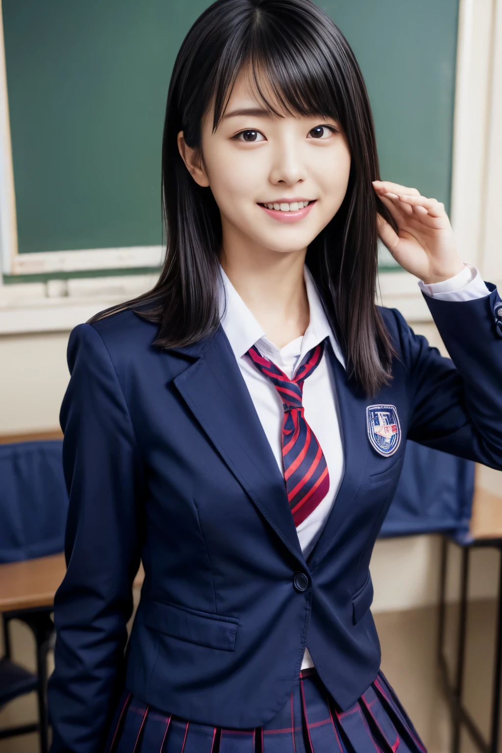 A woman taking a photo, Japanese Model Model, 18 year old female model, 4K、Bans、Black-haired、Beaver、Middle Hair、Straight hair、(A dark blue blazer and a red tie, navy check pleated skirt:1.2), (Super cute idol-like face:1.2)、School classroom、Slim and beautiful figure、Beautiful breasts、Laughter、Whole Body Ezbian、School classroom美しい脚、Sexy pose、White socks、White sneakers、