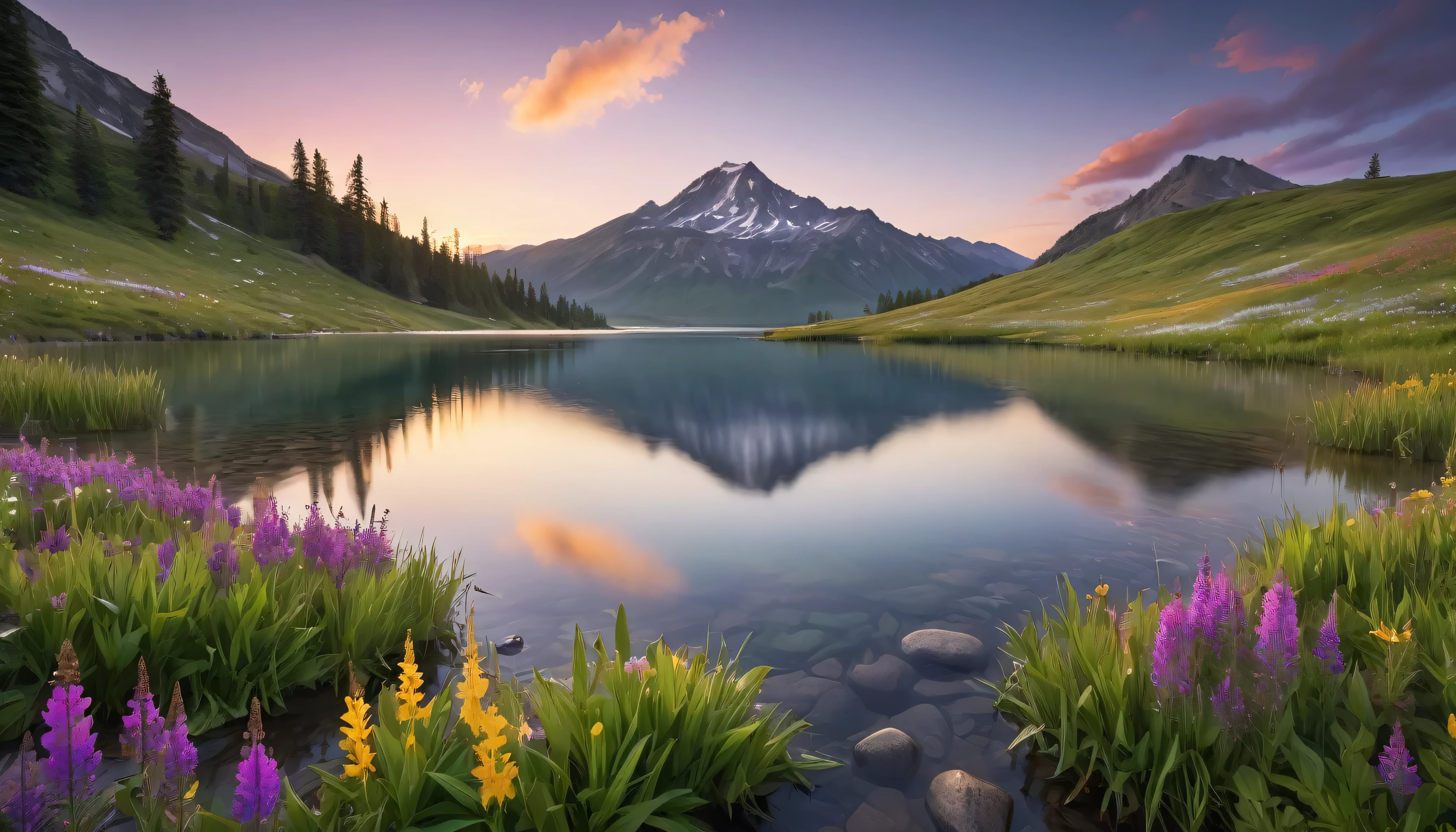Generate an ultra-high-resolution image of a breathtaking landscape during the golden hour, capturing a serene mountain valley with a crystal-clear lake reflecting the vivid sunset colors. Focus on impeccable detail across wildflowers in the foreground, showcasing dew drops and soft blades of grass, while the reflective lake in the middle ground mirrors the pastel sky and distant mountain silhouettes. The background features majestic mountains with peaks bathed in golden light, transitioning to deep purples. Ensure soft, vivid lighting enhances depth and dimension without over-filtering or noise, adhering to the rule of thirds for a balanced composition that naturally guides the viewer’s eye, creating a realistic and nearly indistinguishable scene from an actual photograph
