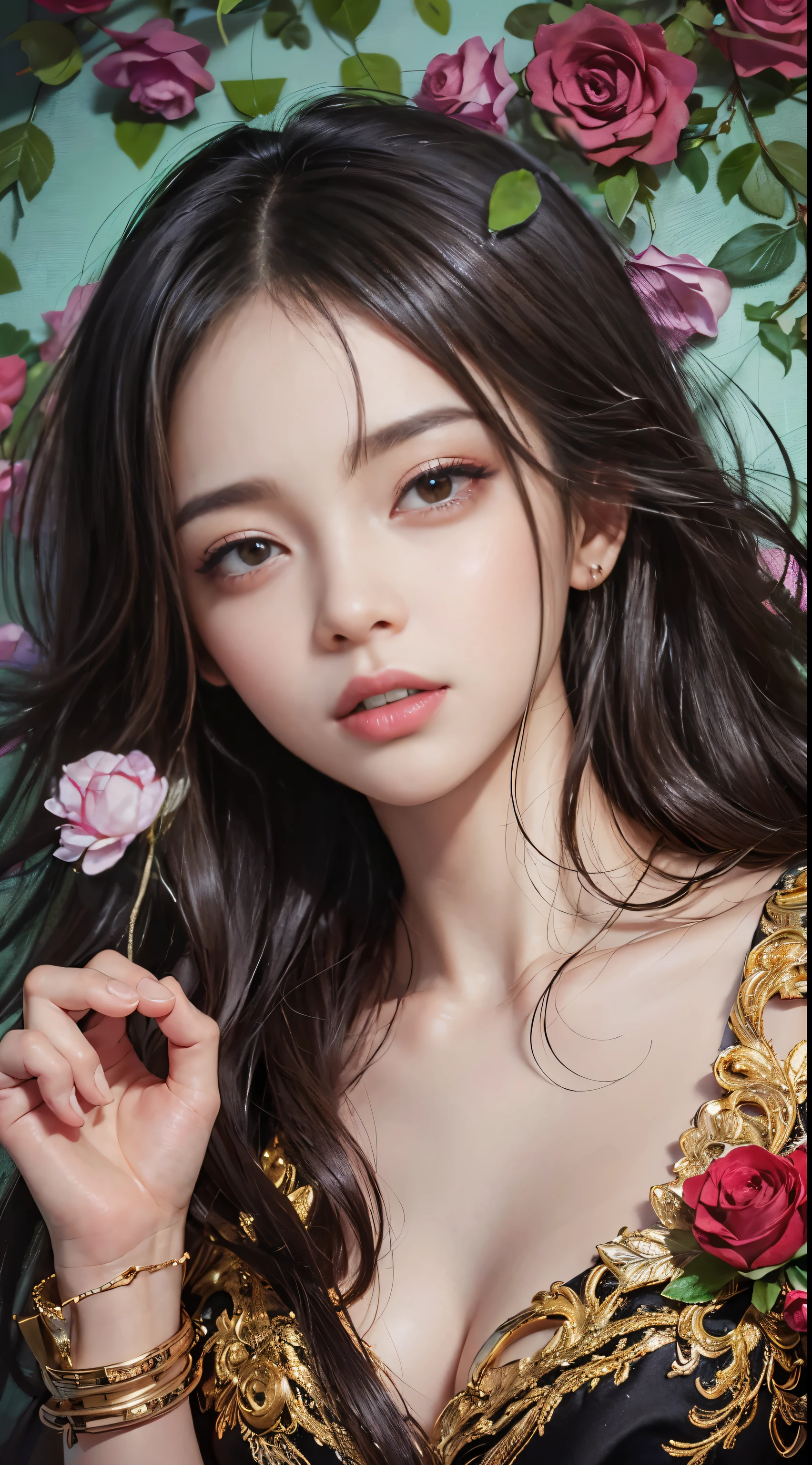 (One Girl:1.3), Cinematic Light, (Tabletop, highest quality, highest quality, beautifully、aesthetic:1.3), Very detailed,Best details,(Very detailed),, From above,(( Lying in bed)), alone, chest, Silky long hair, (Brown Hair), Roses were scattered in the flowerbed., ((suit)), ((shirt)), Open chest,Big chest,Accurate finger drawing,Anatomically correct hand