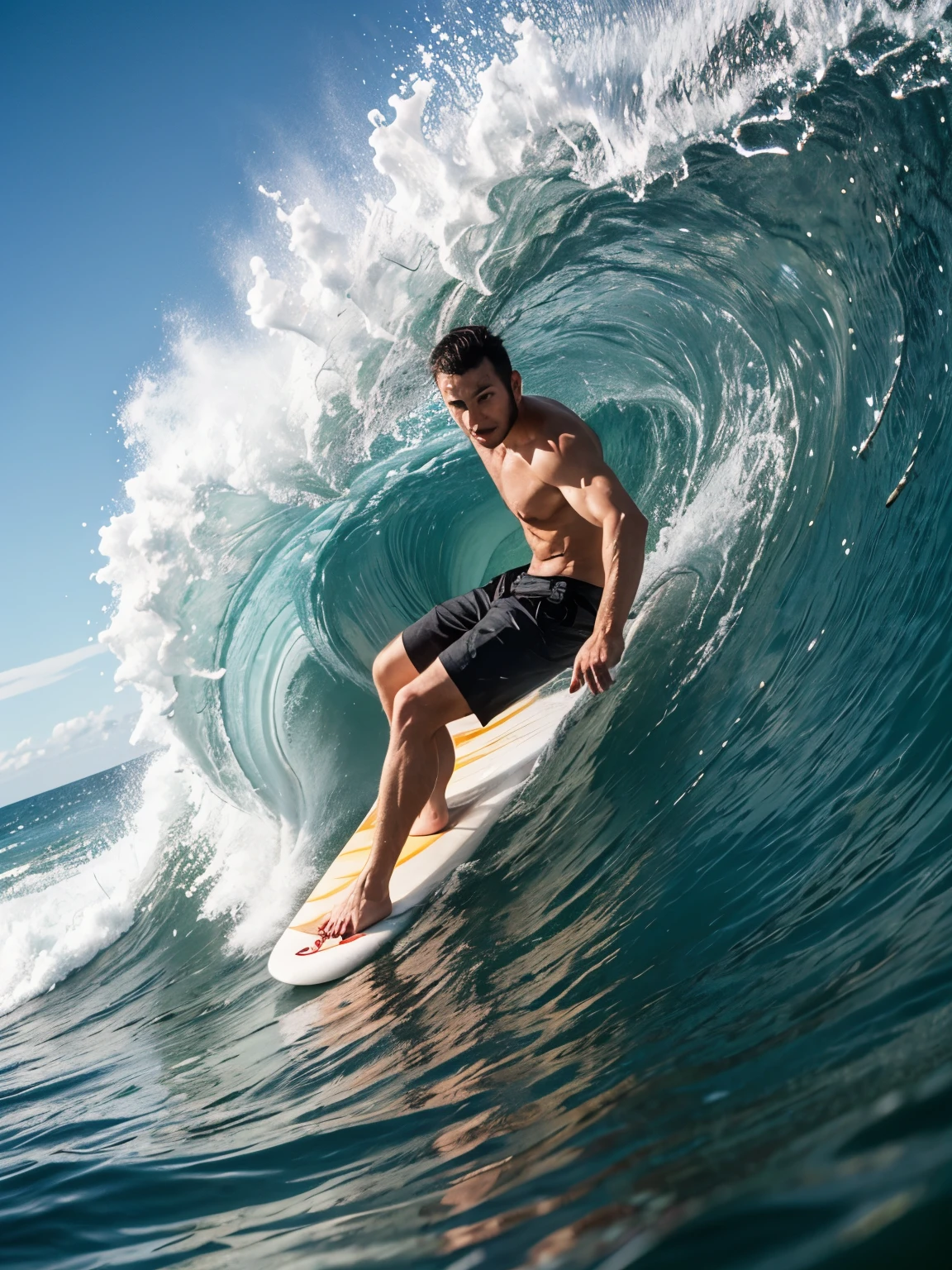 a man close range shot, surving on a surfboard, perfect face. wearing short pants only, without shirt. close range shot the man, big shark background with waves view