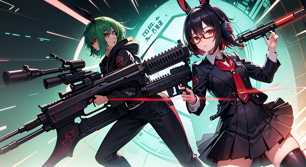 Black glasses without a frame on topanime, rabbit ears, green short hair, red eyes, (japanese anime style), (((sub machine guns))), japanese school girl suit, ery detailed CG unified 8k wallpaper, very fine 8KCG wallpaper, hyper quality,