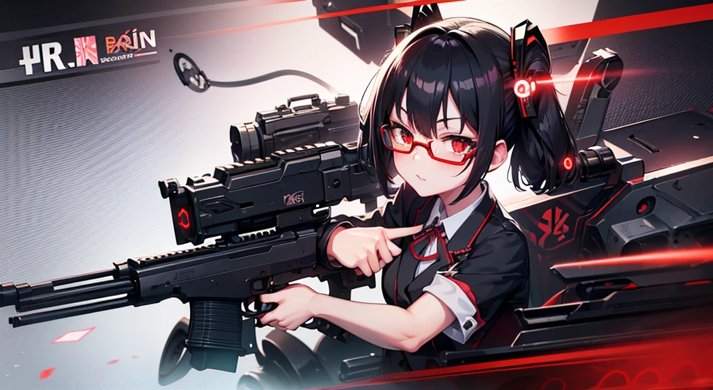Black glasses without a frame on topanime, rabbit ears, green short hair, red eyes, (japanese anime style), (((sub machine guns))), japanese school girl suit, ery detailed CG unified 8k wallpaper, very fine 8KCG wallpaper, hyper quality,