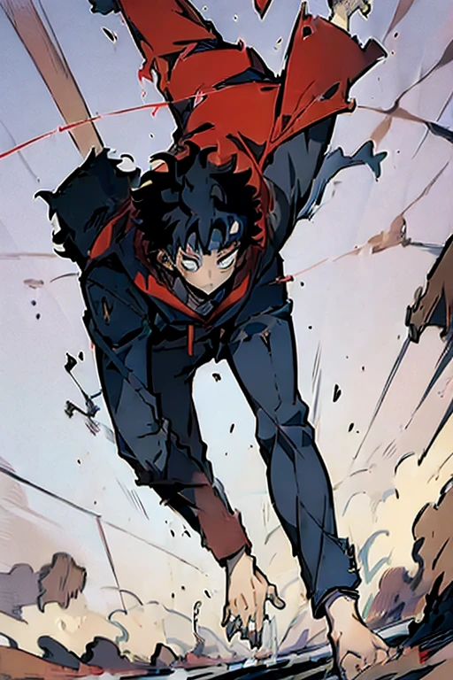 ((Masterpiece, Best Quality, 2d, anime)), (1 boy, Solo: 2), itadori, itadori_yuuji, black hair, red hoodie, open hoodie, hoodie off, blue eyes, Illustration, ragemode, wild hair, destruction, running, towards viewers,