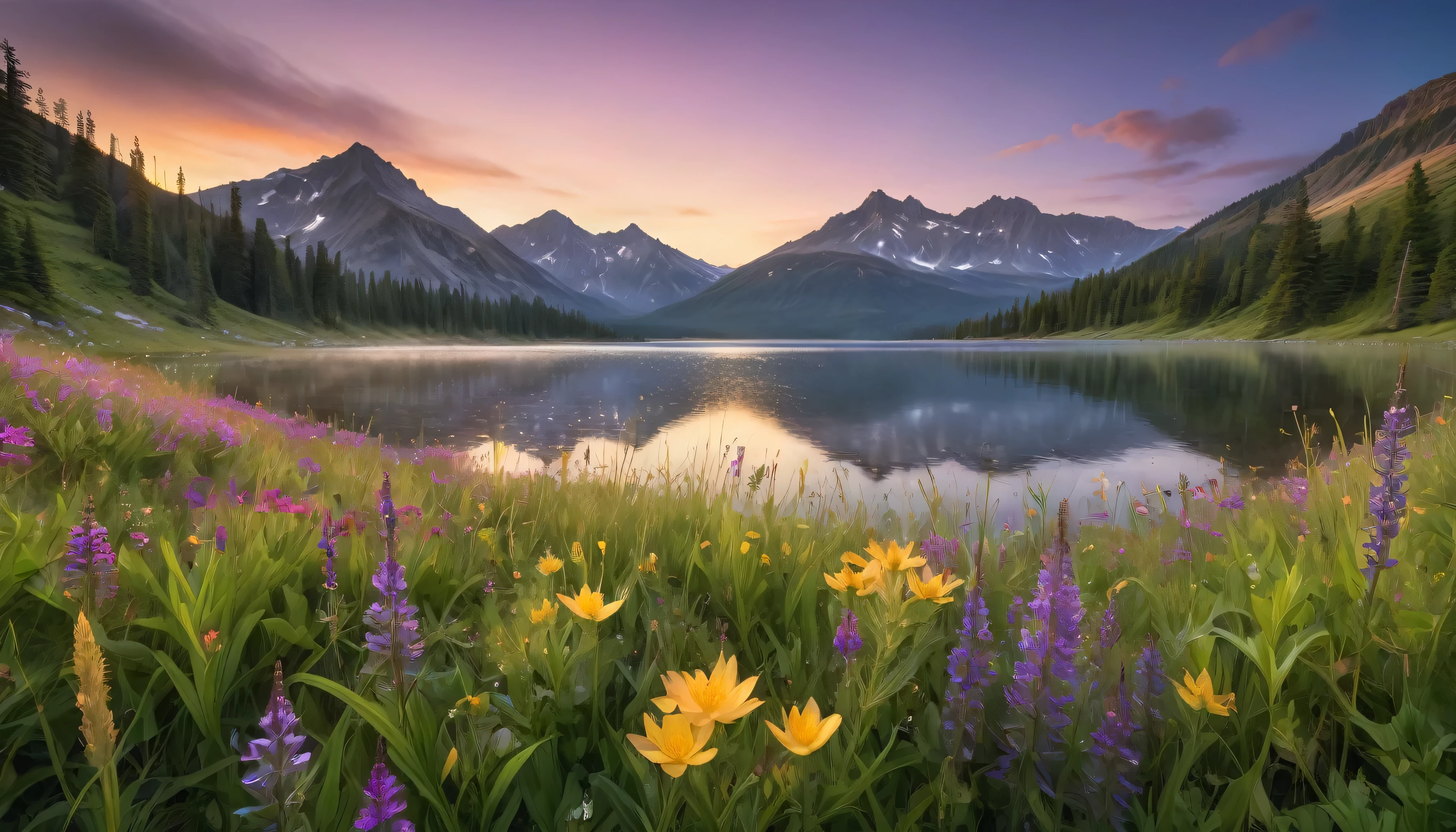 Generate an ultra-high-resolution image of a breathtaking landscape during the golden hour, capturing a serene mountain valley with a crystal-clear lake reflecting the vivid sunset colors. Focus on impeccable detail across wildflowers in the foreground, showcasing dew drops and soft blades of grass, while the reflective lake in the middle ground mirrors the pastel sky and distant mountain silhouettes. The background features majestic mountains with peaks bathed in golden light, transitioning to deep purples. Ensure soft, vivid lighting enhances depth and dimension without over-filtering or noise, adhering to the rule of thirds for a balanced composition that naturally guides the viewer’s eye, creating a realistic and nearly indistinguishable scene from an actual photograph