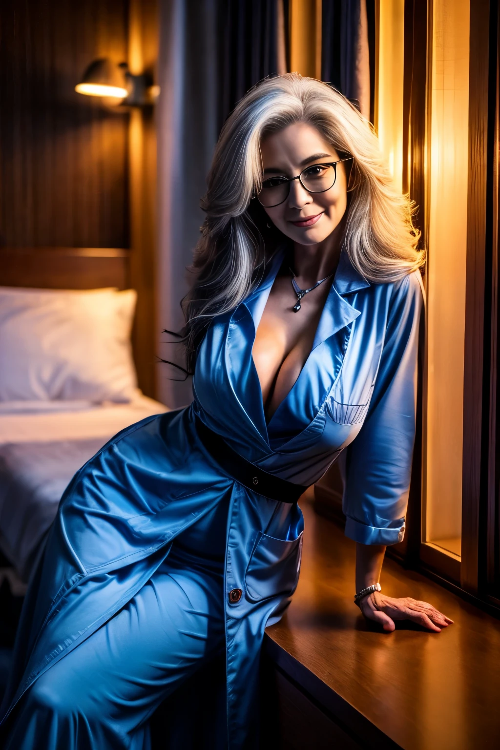 55-year-old woman with long white hair, seductive gaze, some wrinkles on her face,  8k, detailed background, utlra realistic, realism, exta realistic, wrinkles on body, hospital, tight doctor suit, red robe, blue and black long skirt sitting on hospital bed, tattoo, evening time moonshine, SFW, sexy doctor clothes with high neckline, glasses, beautiful night full moon outside the window, showing full body, full body, big titts, round breasts, looking at viewer from below, light smile, teeth indoors,soft lighting, extreme detail, hdr, long hair