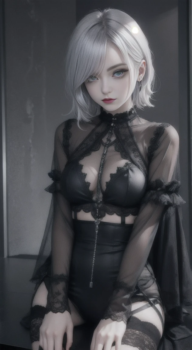 Silver hair, Goth straddling viewer,