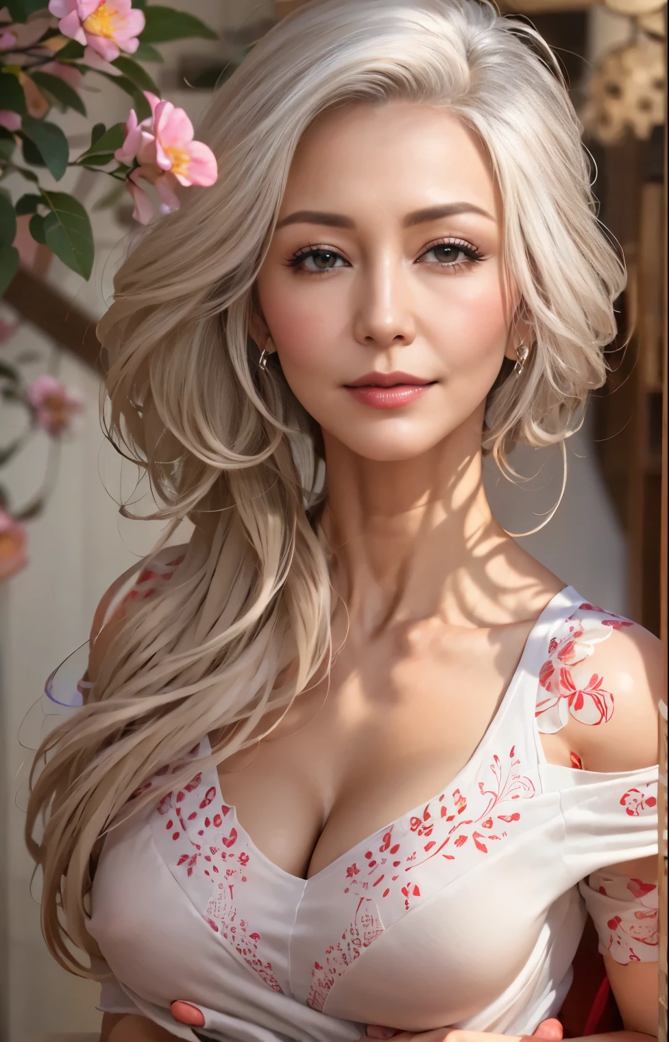 Professional, High level of detail, close up photo with beautifull face, (attractive mature 50yo woman:1.3),long white hair,(t-shirt, off shoulder, red high-waist skirt, tattoo,elegant)1.455,ray tracing, natural lighting, (seductive:1.1), (blushing:1.1 ), (classy, elegant, dandy)1.2, (round medium breasts)1.2 (pokies)1.3, (toned body, hourglass body shape) (wipe hips), (full body with visible face and eyes)1.5, glasses, earnings, sakura tree, shy smile, pink lips, standing