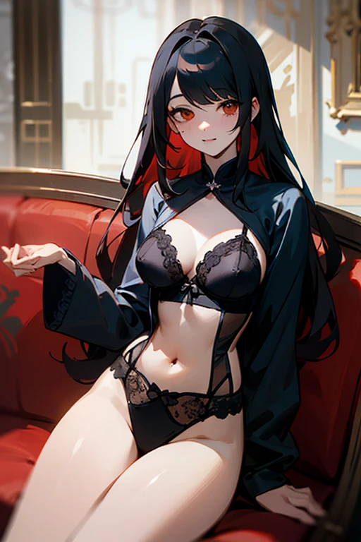 ((mejor calidad)), ((Obra maestra)), (detallado), cara perfecta, Joven de cabello negro largo y lacio, ojos rojos, pale skin, asian factions, 19 years, esbelta, busto mediano, bonitas curvas, estilo anime, elegante, only character in the image, red eyes, waiting for you, cute face, sexy, in love with the viewer, black hair, in livingroom, relaxing on sofa, lace lingerie