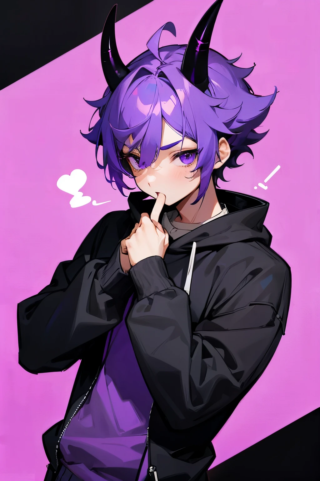 Make a boy with PURPLE hair, he has PURPLE eyes and uses. A BIG SWEATSHIRT he has little BLACK HORNS ON HIS HEAD 
