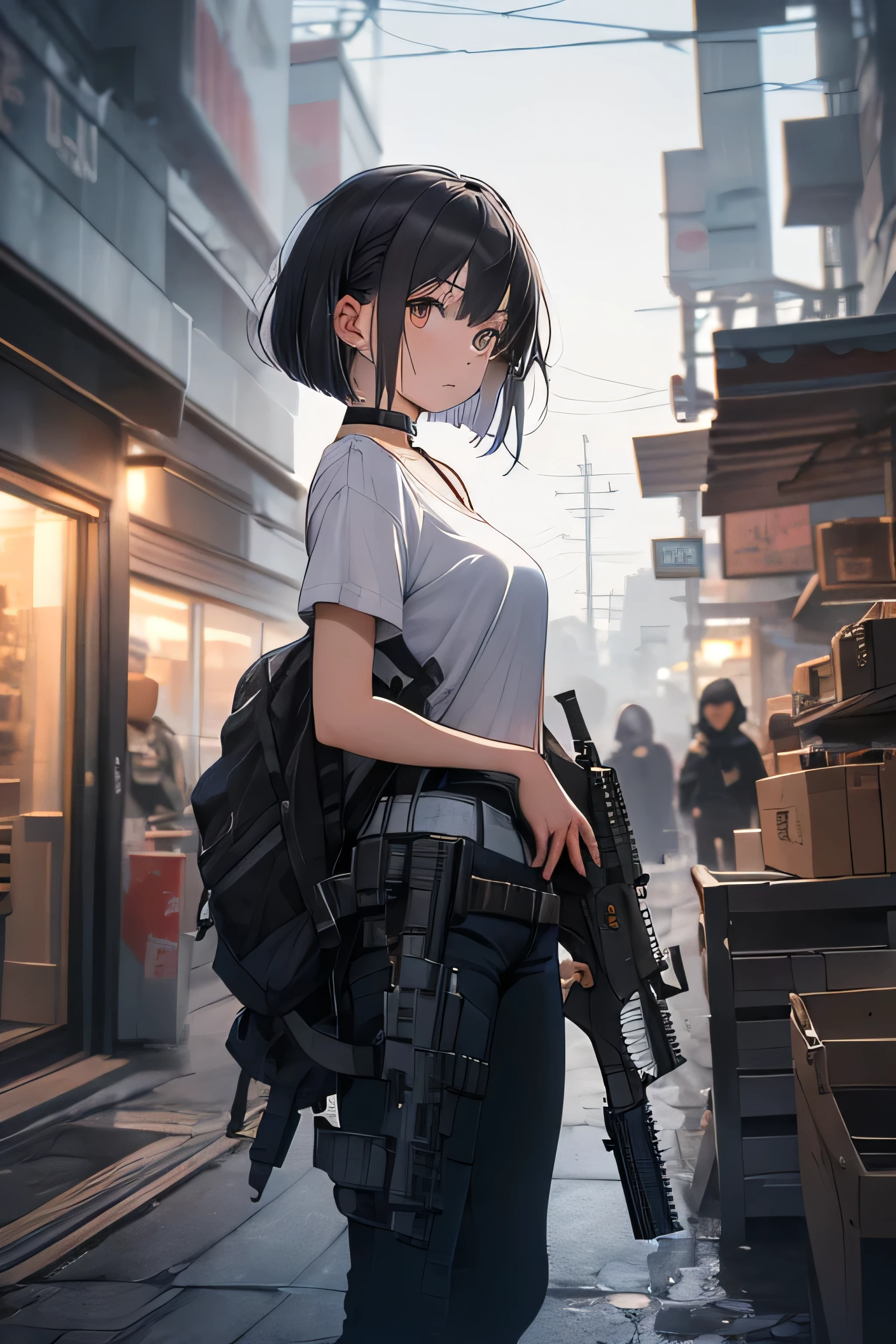 masterpiece, highest quality, One Girl, Medium Long Bob, choker, shirt, Open sweatshirt, Beautiful breasts, finely, masterpiece, Cyberpunk style clothing, A girl standing in the center of town, More backgrounds, gun shop, The subject is very small, The subject is extremely small, The subject's entire body is visible, spring, Warm colors, Natural posing, Accurate and highly detailed backgrounds, cute, Detailed face, fine grain, Beautiful Eyes, Facing forward、Watching the viewer from afar, Black Hair, smile,