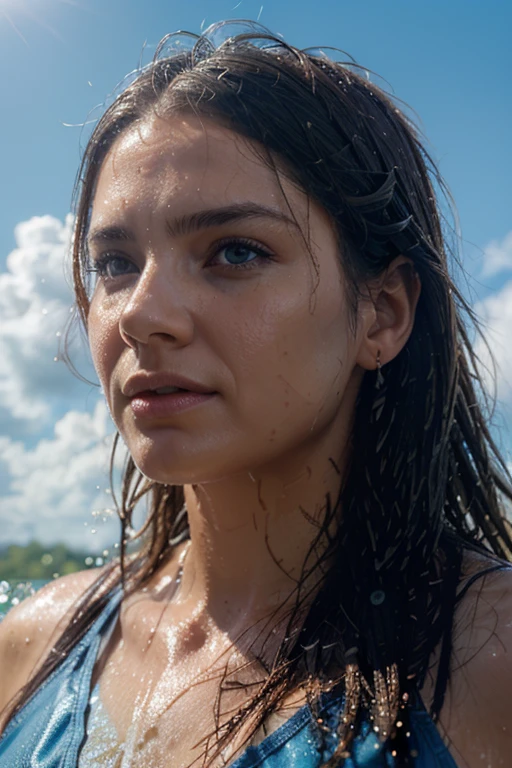 water, wet, splashing, liquid, sunny, day, blue sky, clouds, nature, natural setting, (character focus:1.1), sharp focus, realistic, highly detailed, ultra detailed, best quality, highest quality, realistic lighting, hyperdetailed, hyperrealism, greg rutkowski