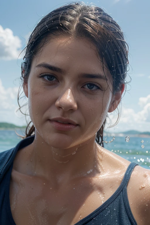 water, wet, splashing, liquid, sunny, day, blue sky, clouds, nature, natural setting, (character focus:1.1), sharp focus, realistic, highly detailed, ultra detailed, best quality, highest quality, realistic lighting, hyperdetailed, hyperrealism, greg rutkowski