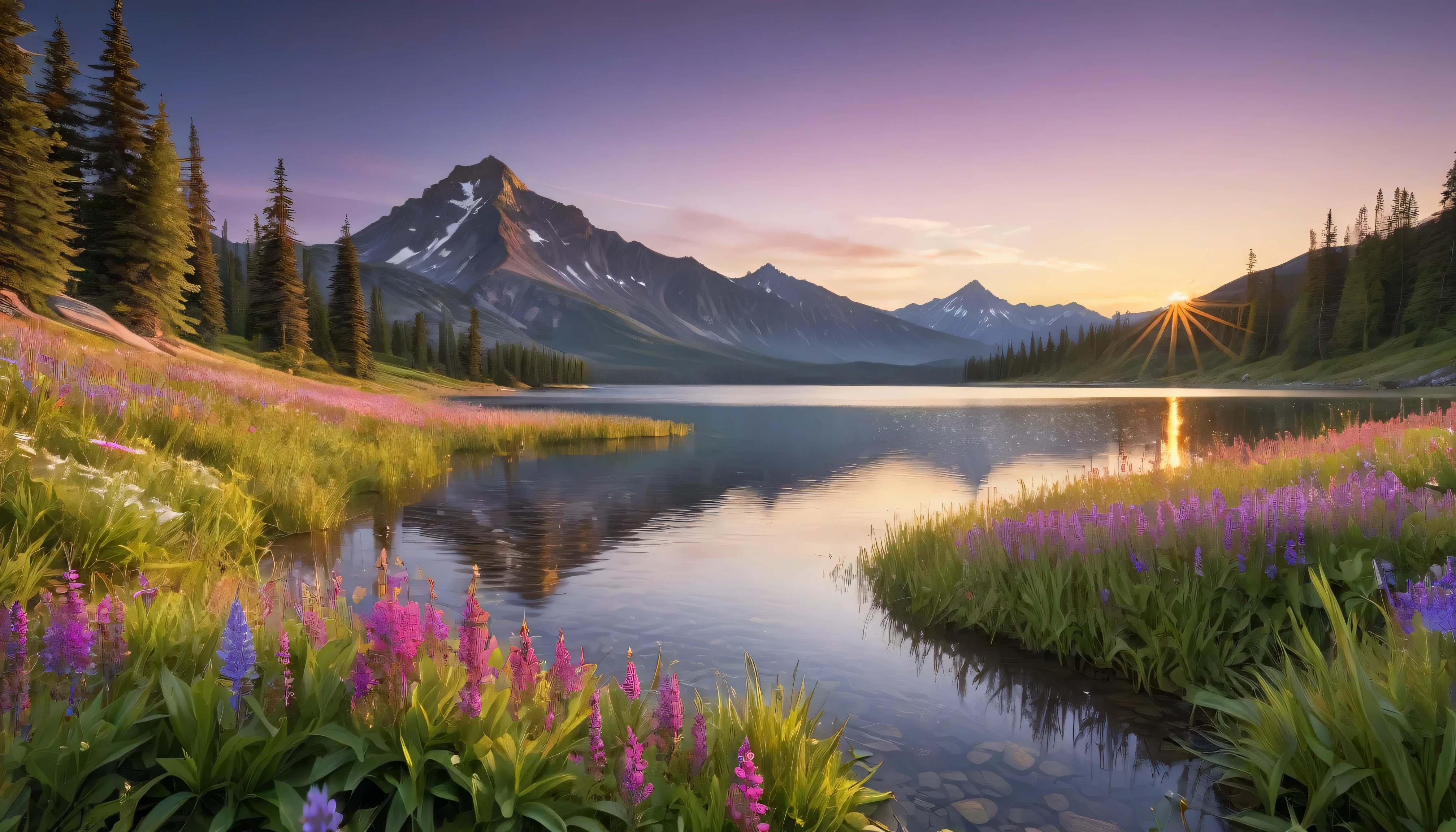 Generate an ultra-high-resolution image of a breathtaking landscape during the golden hour, capturing a serene mountain valley with a crystal-clear lake reflecting the vivid sunset colors. Focus on impeccable detail across wildflowers in the foreground, showcasing dew drops and soft blades of grass, while the reflective lake in the middle ground mirrors the pastel sky and distant mountain silhouettes. The background features majestic mountains with peaks bathed in golden light, transitioning to deep purples. Ensure soft, vivid lighting enhances depth and dimension without over-filtering or noise, adhering to the rule of thirds for a balanced composition that naturally guides the viewer’s eye, creating a realistic and nearly indistinguishable scene from an actual photograph