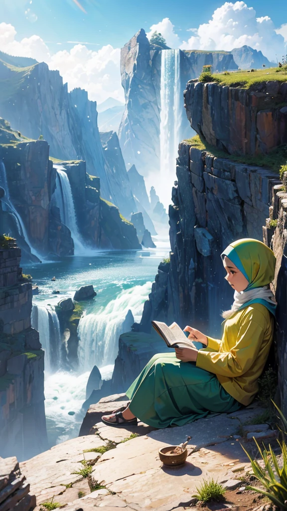 a Muslim teenager wearing a hijab, reading the "Quran", sitting on a mountain peak, surrounded by high mountains, dense clouds, there is a multi-tiered waterfall, there are beautiful flowers, rainbows around, make 4k resolution.