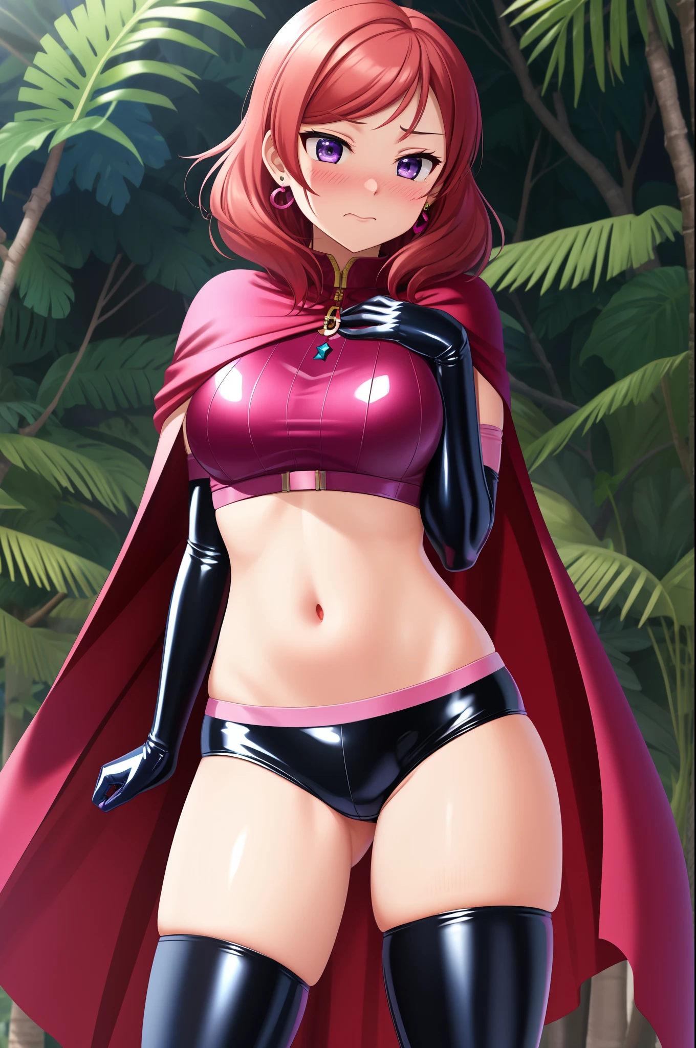 masterpiece, best quality,8k wallpaper, nishikino maki, purple eyes, (pink tight crop top), breasts , cape,elbow gloves, (pink latex cheekies), thighhighs,in jungle , solo, (standing), earrings,crotch , embarrassed, blushing