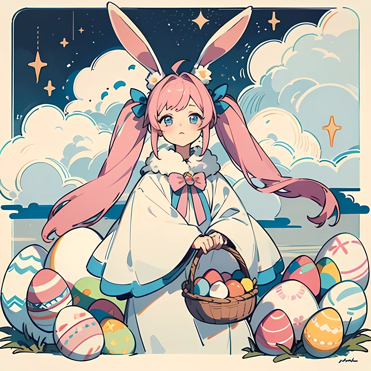 ((Best quality)), ((masterpiece)), (detailed), perfect face, 1 girl, tall girl, full-length girl, emphasis on the face, blue eyes, two pigtails, pink hair,  ears, no human snakes, long bangs, rabbits in the background, fluffy lolita dress, holding a basket of Easter eggs, Easter, God theme, no bad ones details, five fingers on the hand, good hands, flowers on the background, clouds on the background, stars on the background, a lot of details, good quality, high quality,