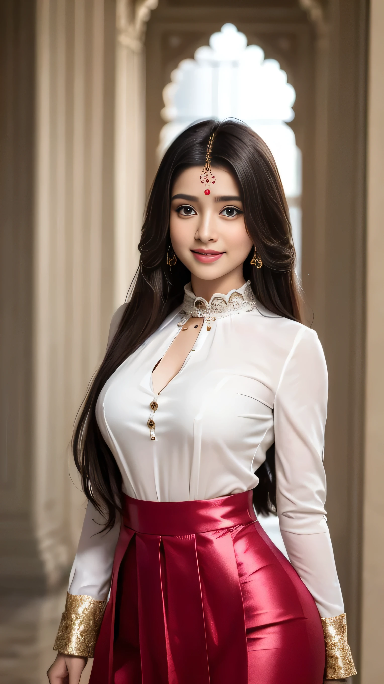 ((highest quality, 8k, masterpiece:1.3)), (Focus Control:1.2), (Perfect body beauty:1.4), ((Delicate Hair)), (Highly detailed face and skin texture), Beautiful Eyes, double eyelid, (Shiny skin:1.5), Small face, Huge breasts, 20-year-old, (White Layered Hair), (smile, Beautiful Teeth), (gorgeous indian dresses:1.4), (A wonderful palace:1.5), (Please hide your hands under your clothes),Long straight hair_Hair reaching down to the waist、White long sleeve button up blouse_With collar_Remove up to the second button_Brown pleated mini skirt、full figure supermodel standing, entire body in frame、shy smile
