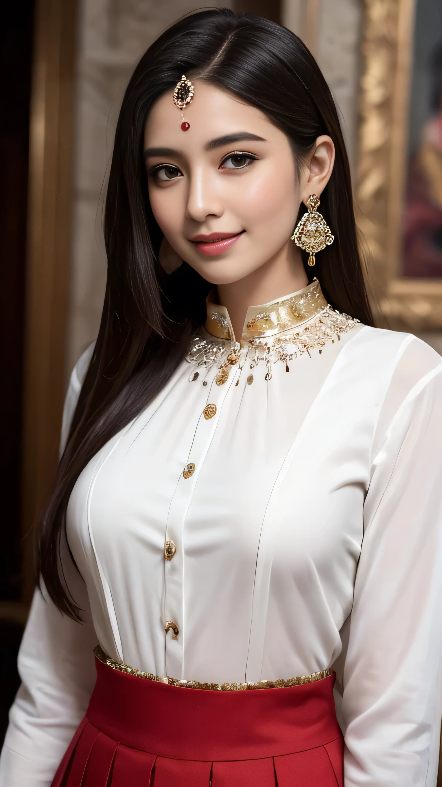 ((highest quality, 8k, masterpiece:1.3)), (Focus Control:1.2), (Perfect body beauty:1.4), ((Delicate Hair)), (Highly detailed face and skin texture), Beautiful Eyes, double eyelid, (Shiny skin:1.5), Small face, Huge breasts, 20-year-old, (White Layered Hair), (smile, Beautiful Teeth), (gorgeous indian dresses:1.4), (A wonderful palace:1.5), (Please hide your hands under your clothes),Long straight hair_Hair reaching down to the waist、White long sleeve button up blouse_With collar_Remove up to the second button＿Brown pleated mini skirt、full figure supermodel standing, entire body in frame、shy smile