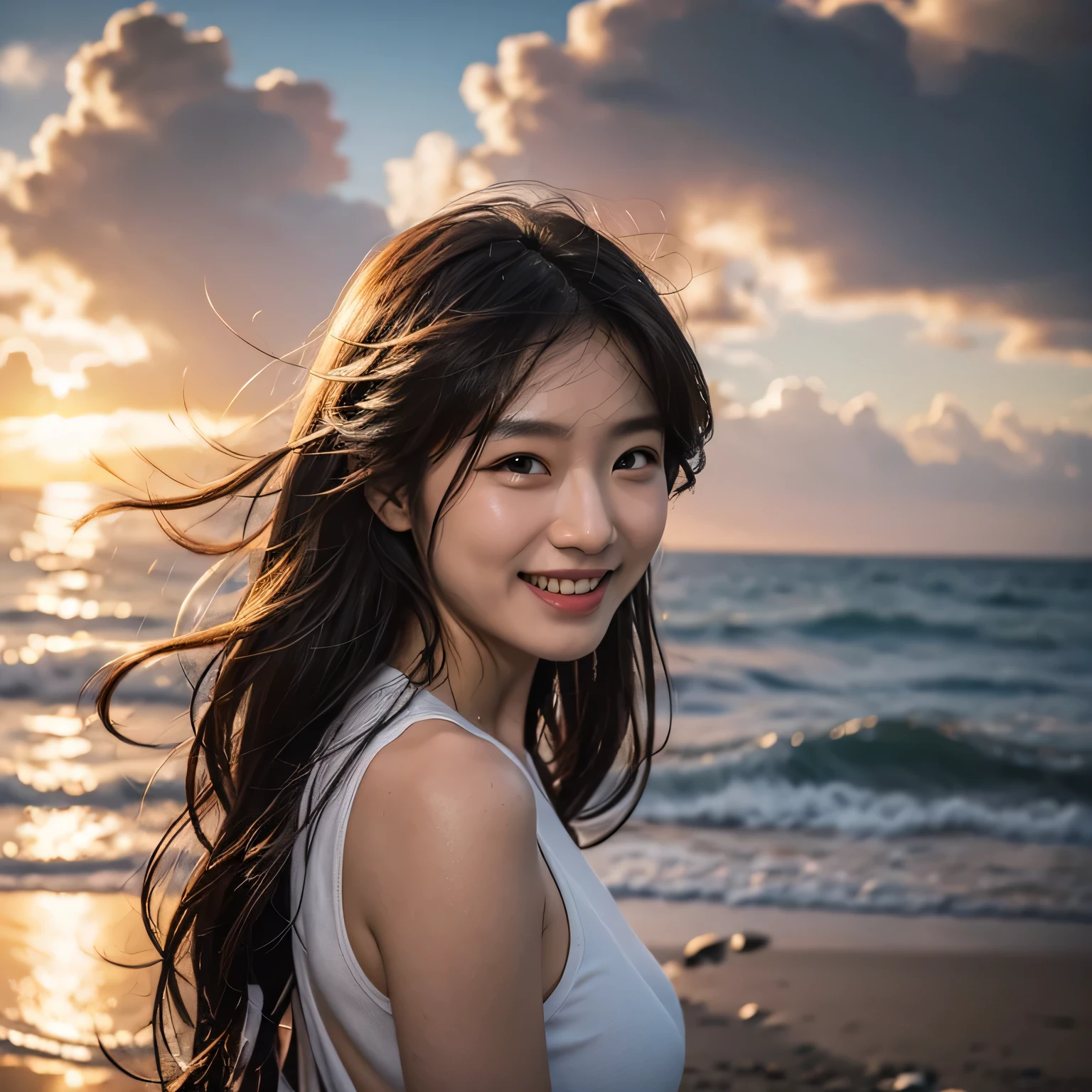 In front of the sea、smile、Long black hair、sun、Wind、cloud、８K-photo