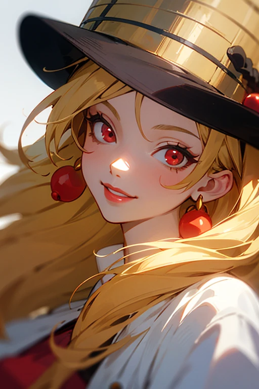 Beautiful anime girl, solo, 1girl, looking at viewer, cute,beautiful, red eyes, open hair, blonde hair, long hair, bangs, wearing a strawhat, luffy's strawhat, smiling, smooth skin, light skin, red lips, golden earings, anime, best quality, masterpiece, extremely detailed, 4k, red eyes, beautiful red eyes, detailed face, detailed eyes,