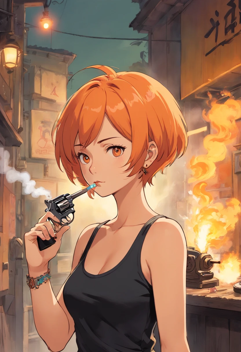 Mulher de 25 anos, Short orange hair in a black tank top with tattoos on his arms, smoking a cigarette and holding an 8-round revolver, an expression of mockery