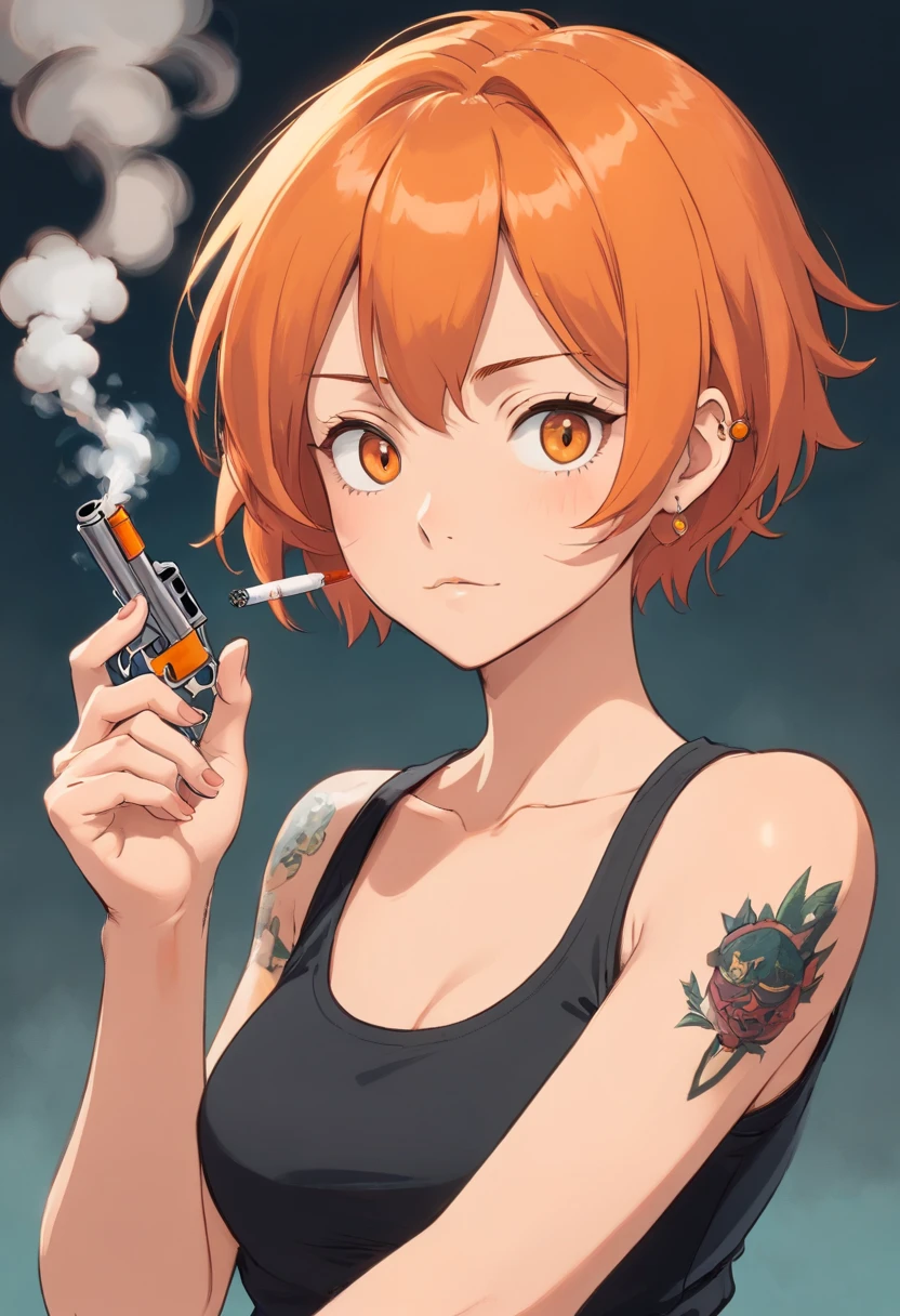Mulher de 25 anos, Short orange hair in a black tank top with tattoos on his arms, smoking a cigarette and holding an 8-round revolver, an expression of mockery 