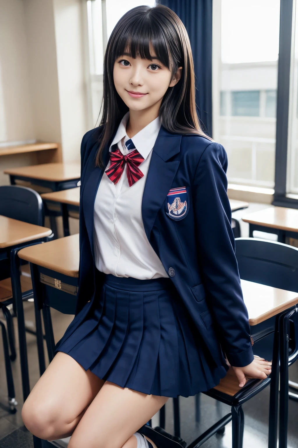 A woman taking a photo, Japanese Model Model, 16 year old female model, 4K、Bans、Black-haired、Beaver、Middle Hair、Straight hair、(A dark blue blazer and a red tie, navy check pleated skirt:1.2),　(Super cute idol-like face:1.2)、School classroom、Slim and beautiful figure、Beautiful breasts、Laughter、Whole Body Ezbian、School classroom美しい脚、Sexy pose、White socks、White sneakers、
