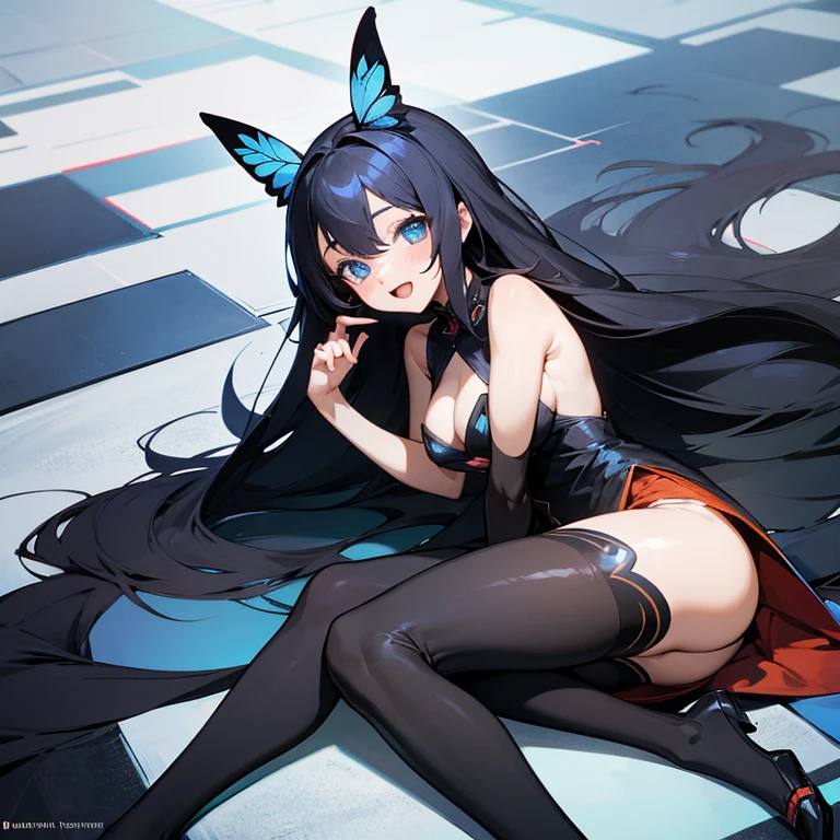 the anime girl dressed in very nice clothes sits on the blackened floor, 1girl, solo, long hair, blue eyes, breasts, open mouth, thighhighs, butterfly, sideboob, smile