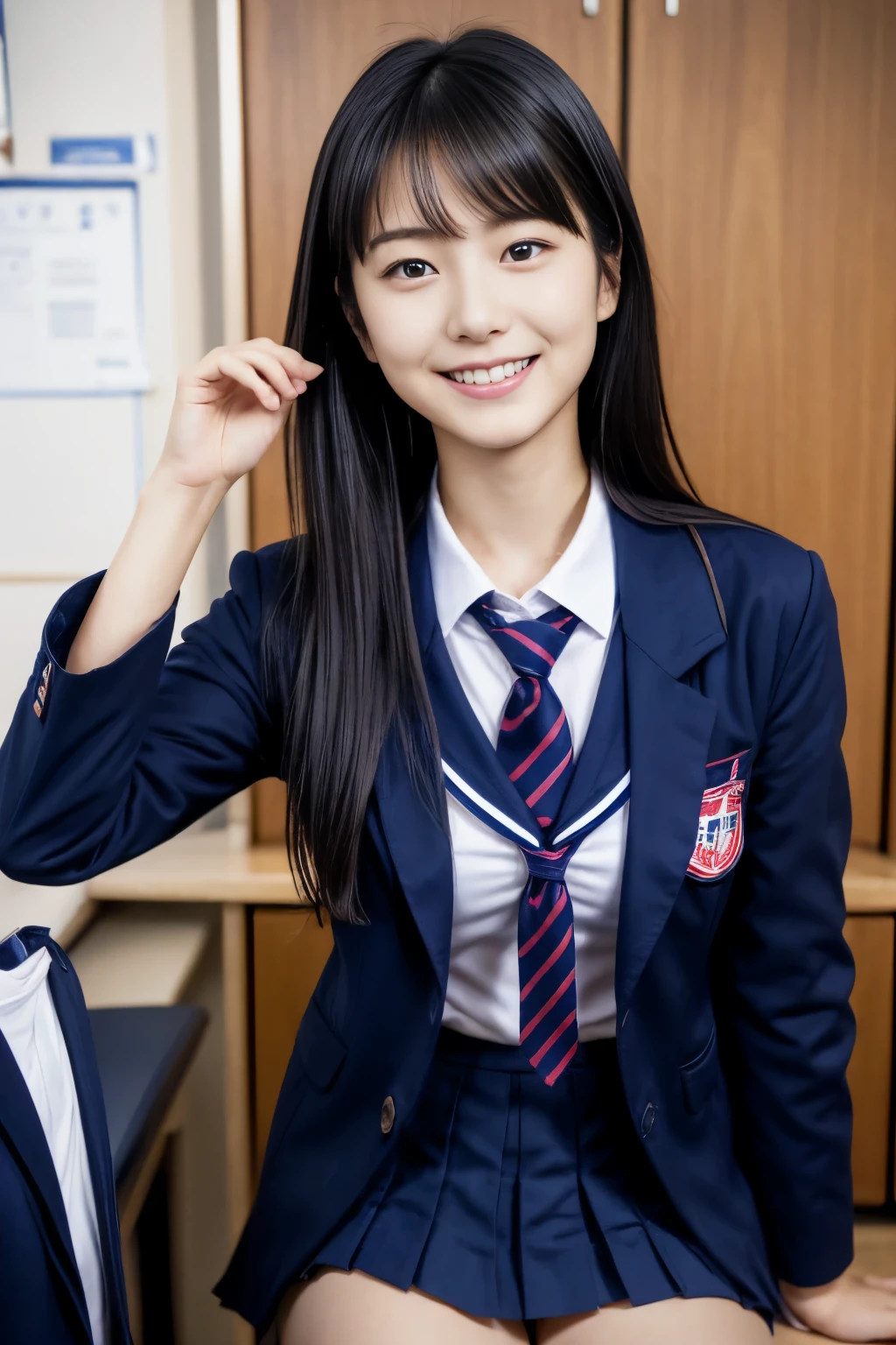 A woman taking a photo, Japanese Model Model, 16 year old female model, 4K、Bans、Black-haired、Beaver、Middle Hair、Straight hair、(A dark blue blazer and a red tie, navy check pleated skirt:1.2),　(Super cute idol-like face:1.2)、School classroom、Slim and beautiful figure、Beautiful breasts、Laughter、Whole Body Ezbian、School classroom美しい脚、Sexy pose、White socks、White sneakers、
