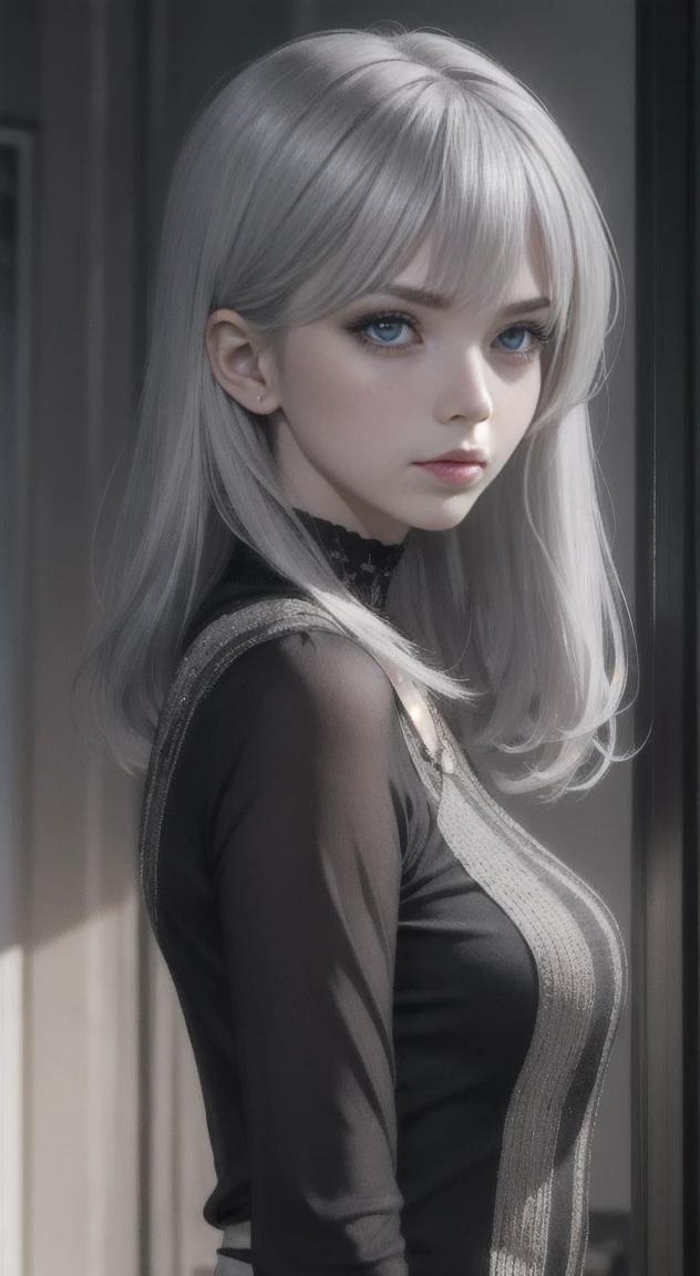 Beautiful, Silver hair, woman, glaring at viewer,