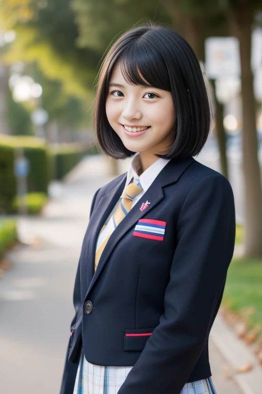 Black hair In front of the school corridor　Blazer, bob, high school girl, cute smile