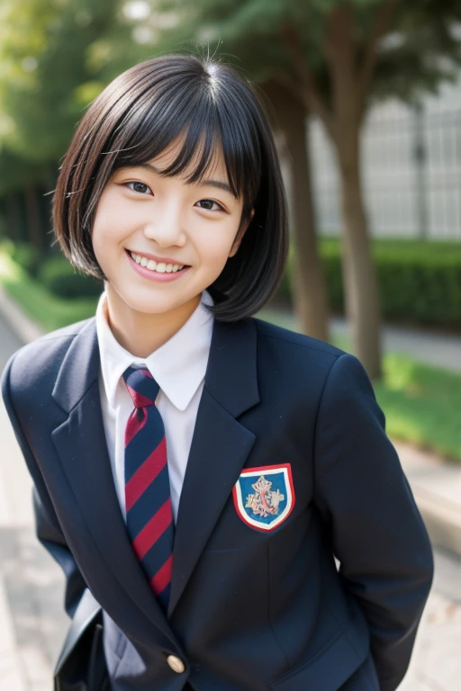 Black hair In front of the school corridor Blazer, bob, high school girl, cute smile