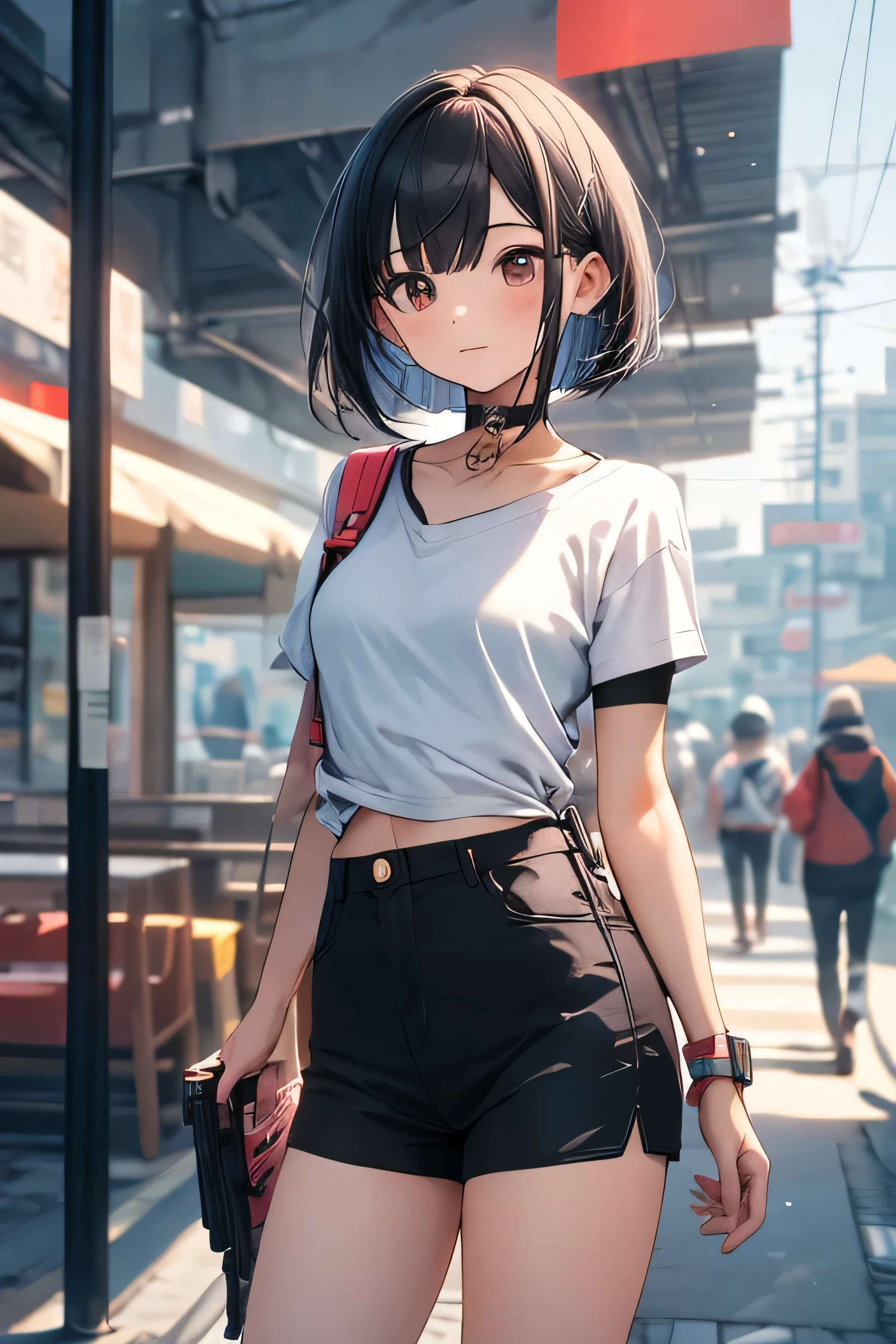 masterpiece, highest quality, One Girl, Medium Long Bob, choker, shirt, Open sweatshirt, Cyberpunk style clothing, Shoulder Holster, Beautiful breasts, finely, Toned legs, masterpiece, A girl standing in the center of town, More backgrounds, gun shop, gun, The subject is very small, The subject is extremely small, The subject's entire body is visible, spring, Warm colors, Natural posing, Accurate and highly detailed backgrounds, cute, Detailed face, fine grain, Beautiful Eyes, Facing forward、Watching the viewer from afar, Black Hair, smile