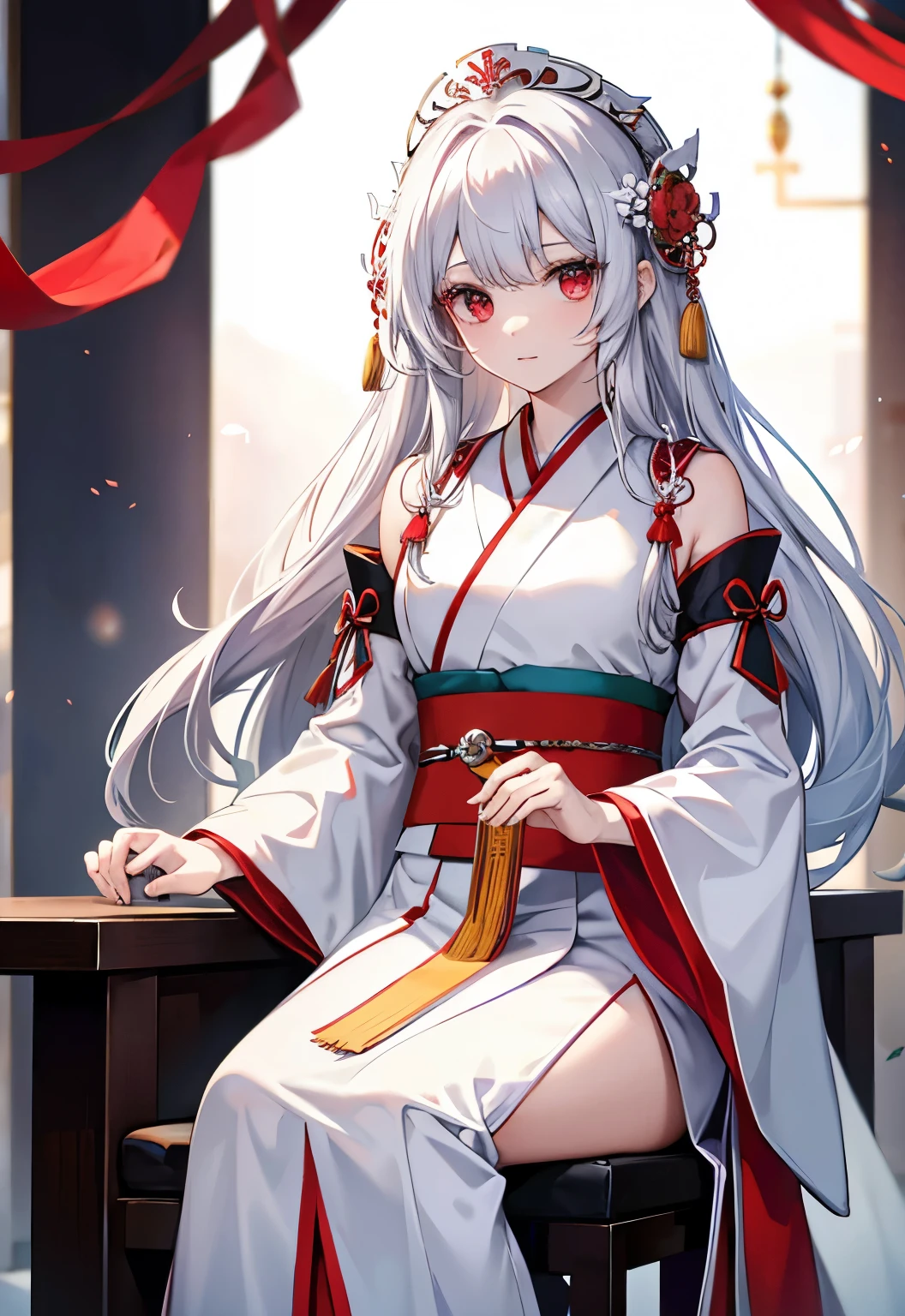 Silver Hair，Red Eyes，Long hair，have，Sling Hanfu，White，sit on the chair，Holding a fan，Diao Chan（Three Kingdoms）