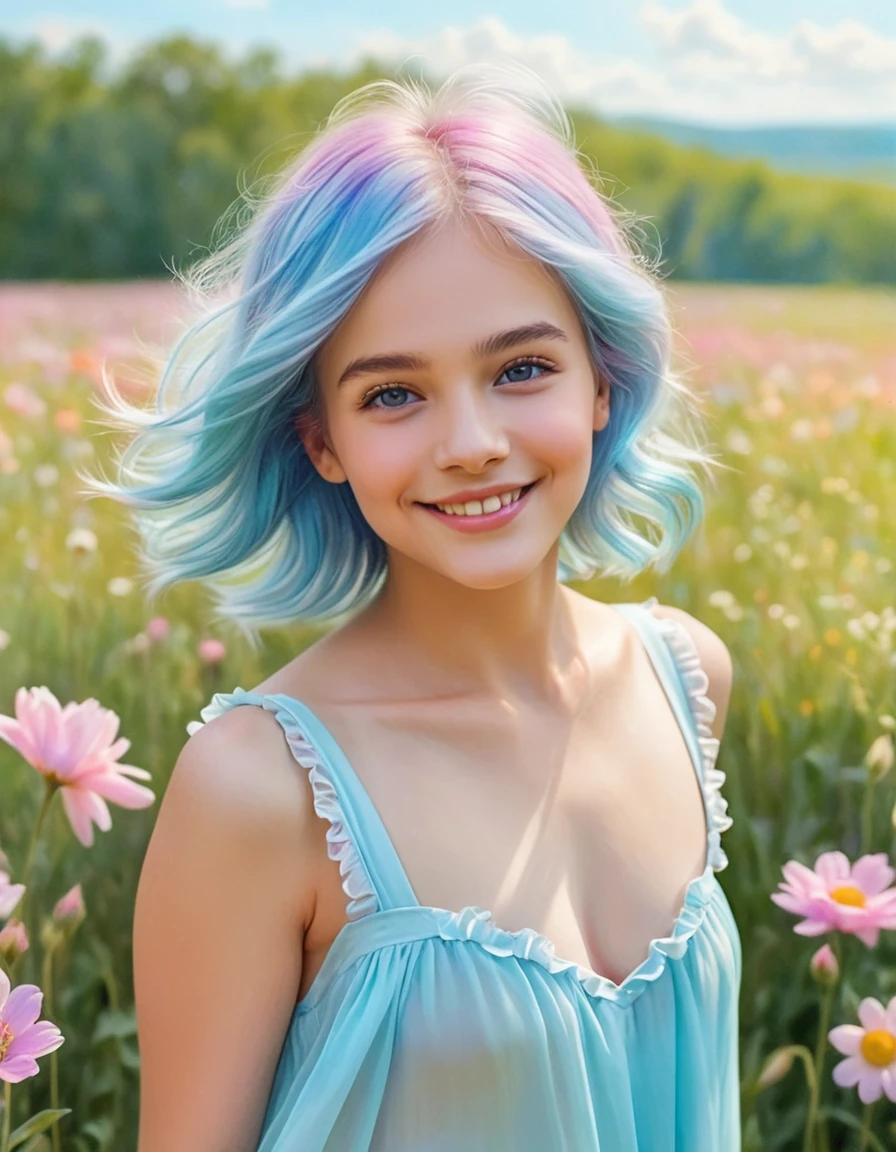 Colored Pencil Art, close up face, smile, The charming girl with short, bright light blue hair is dressed in a fluttery, frilly dress. Her attire sparkles under the bright sunlight, swaying gracefully with her movements. The dress, with its girlish design, blends pink and white pastel colors, exuding an aura of innocence and dreaminess. She walks through a field of flowers, gazing at the surrounding world with a curious and lively spirit, (colored pencil strokes, light color, visible paper texture, colored pencil art)